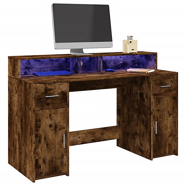Bureau et lumières LED chêne fumé 140x55x91cm bois d'ingénierie vidaXL