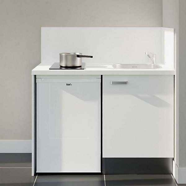 Kitchenette K08 façades Blanc - Plan de travail Blanc - Crédences : Oui - Evier inox - Electroménager Blanc inclus