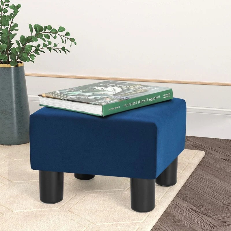 Adeco Small Footstool Velvet Ottoman Footrest Modern Bedroom Square
