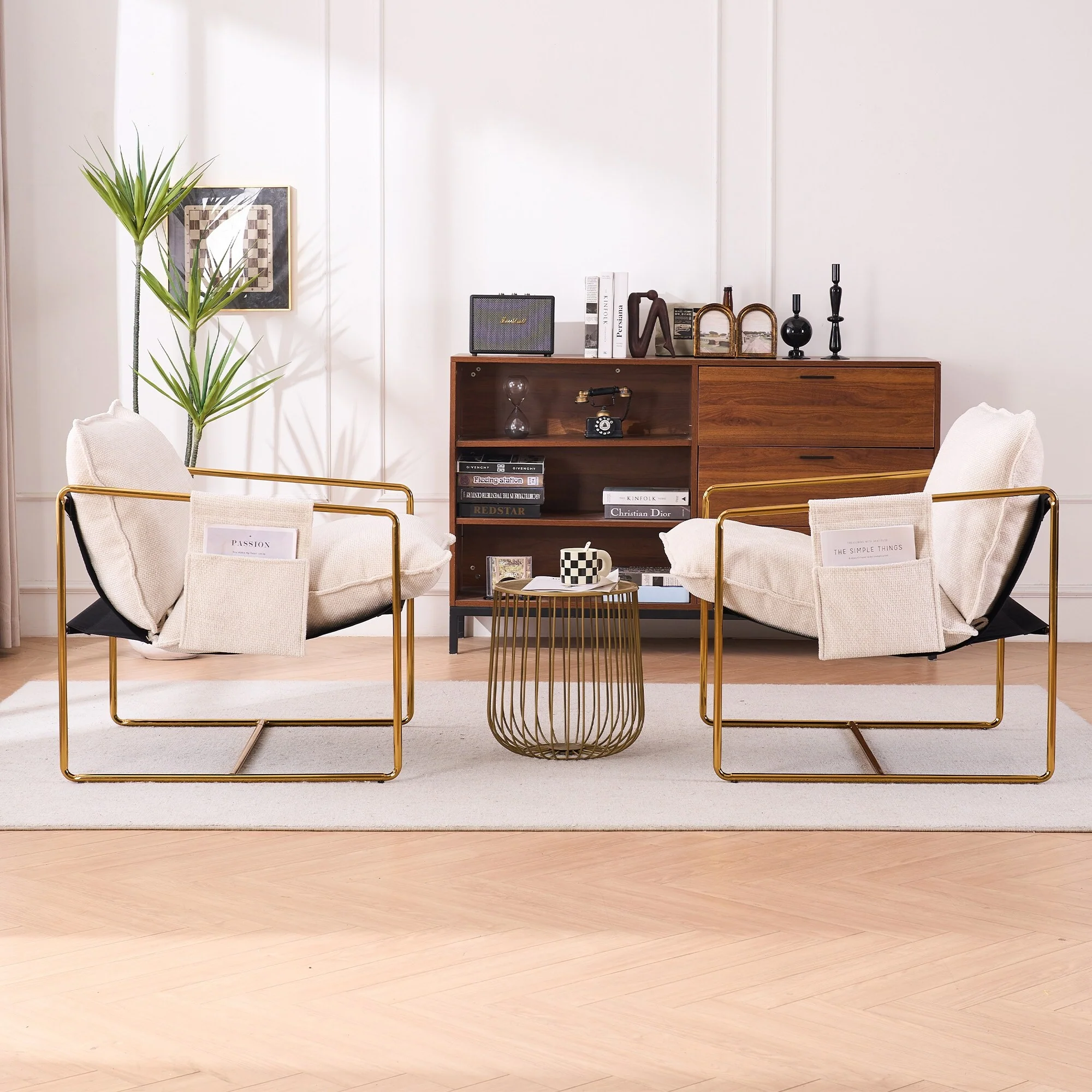 Upholstered Hanging Armchair with Arm PocketsMetal Frame, Gold-Plated Craftsmanship,2 Chairs in 1 Box