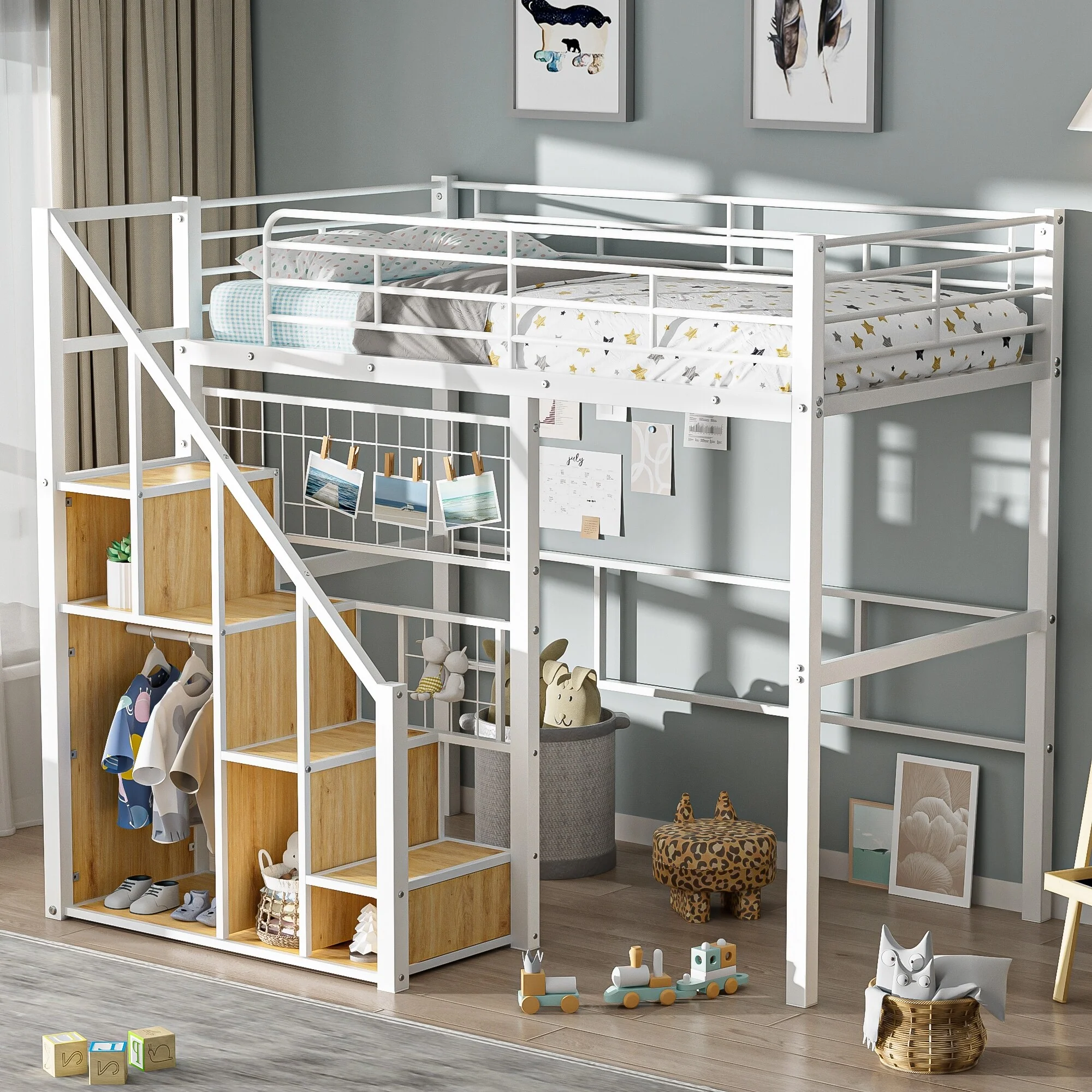 Twin Loft Bed with Metal Frame Storage Stairs and Built In Wardrobe Space Saving Elevated Bed