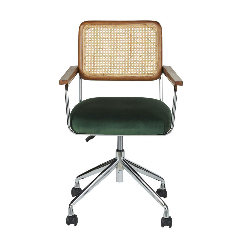 Rosalie - Chaise de bureau réglable à roulettes en velours vert et cannage en rotin