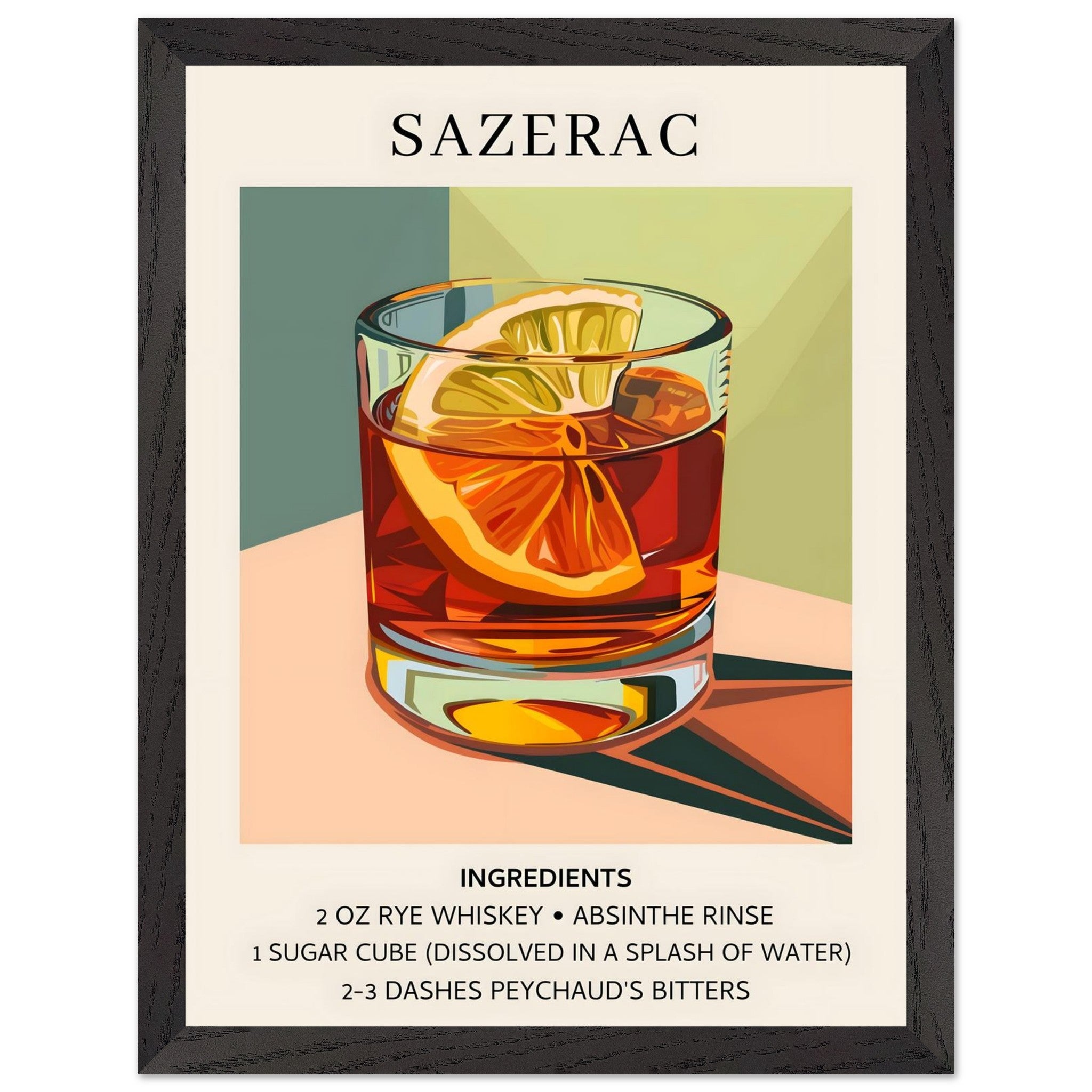 Artfulprints Poster met Lijst Sazerac cocktail - Ingrediënten  - 30x40 cm - Meerkleurig