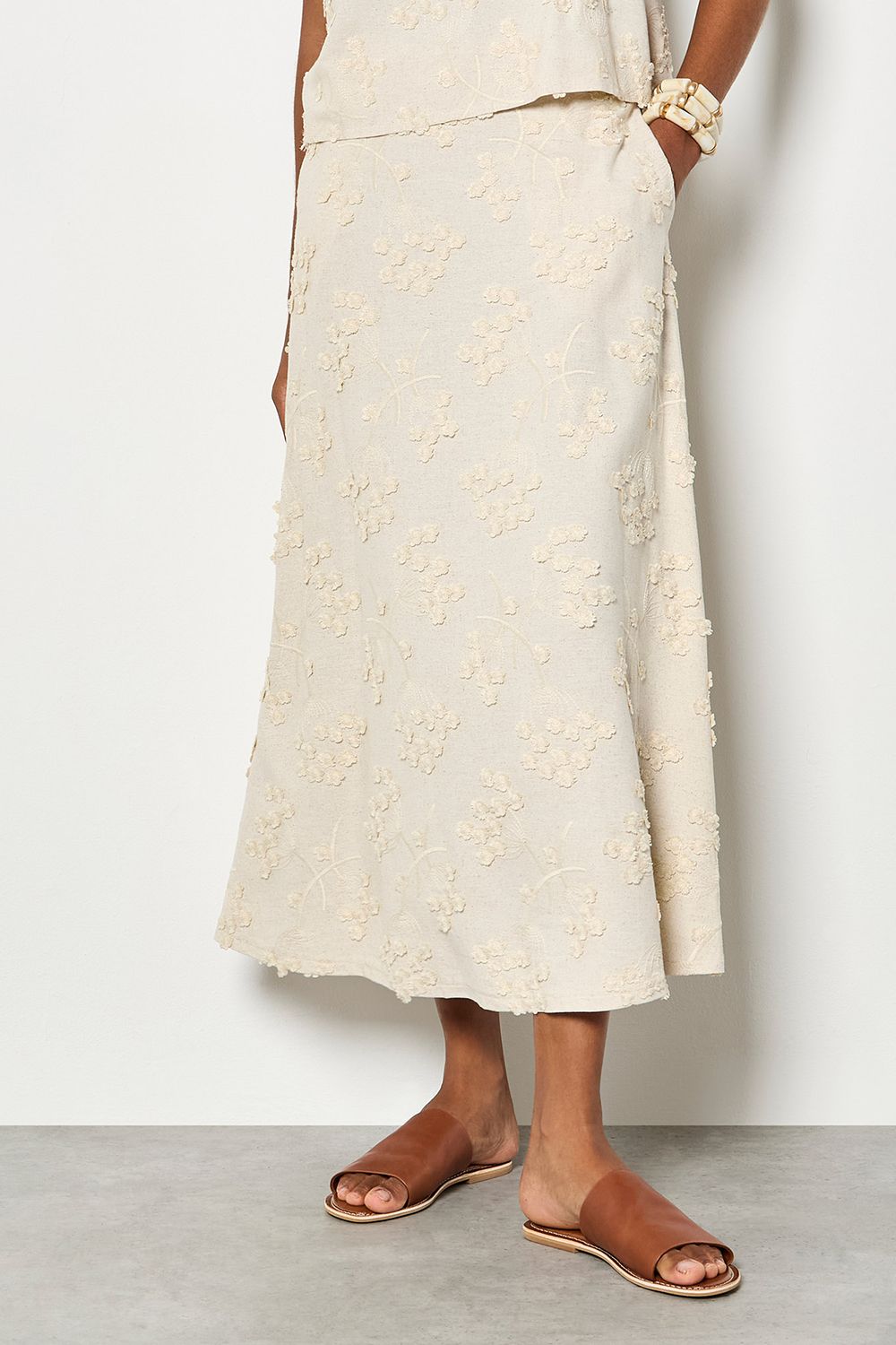 Apricot Embroidered Floral Linen Blend Midaxi Skirt