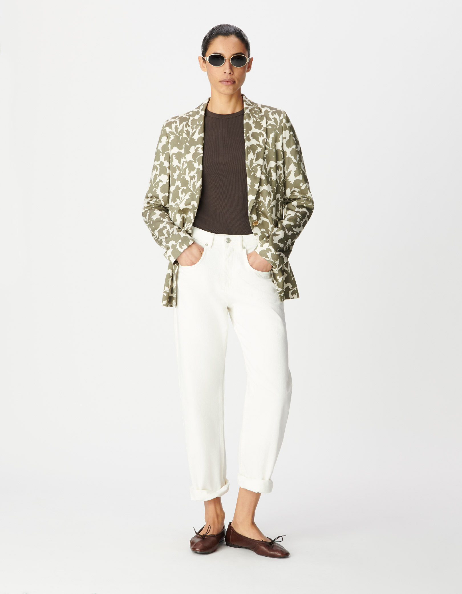 Veste de tailleur kaki imprimé végétal Femme