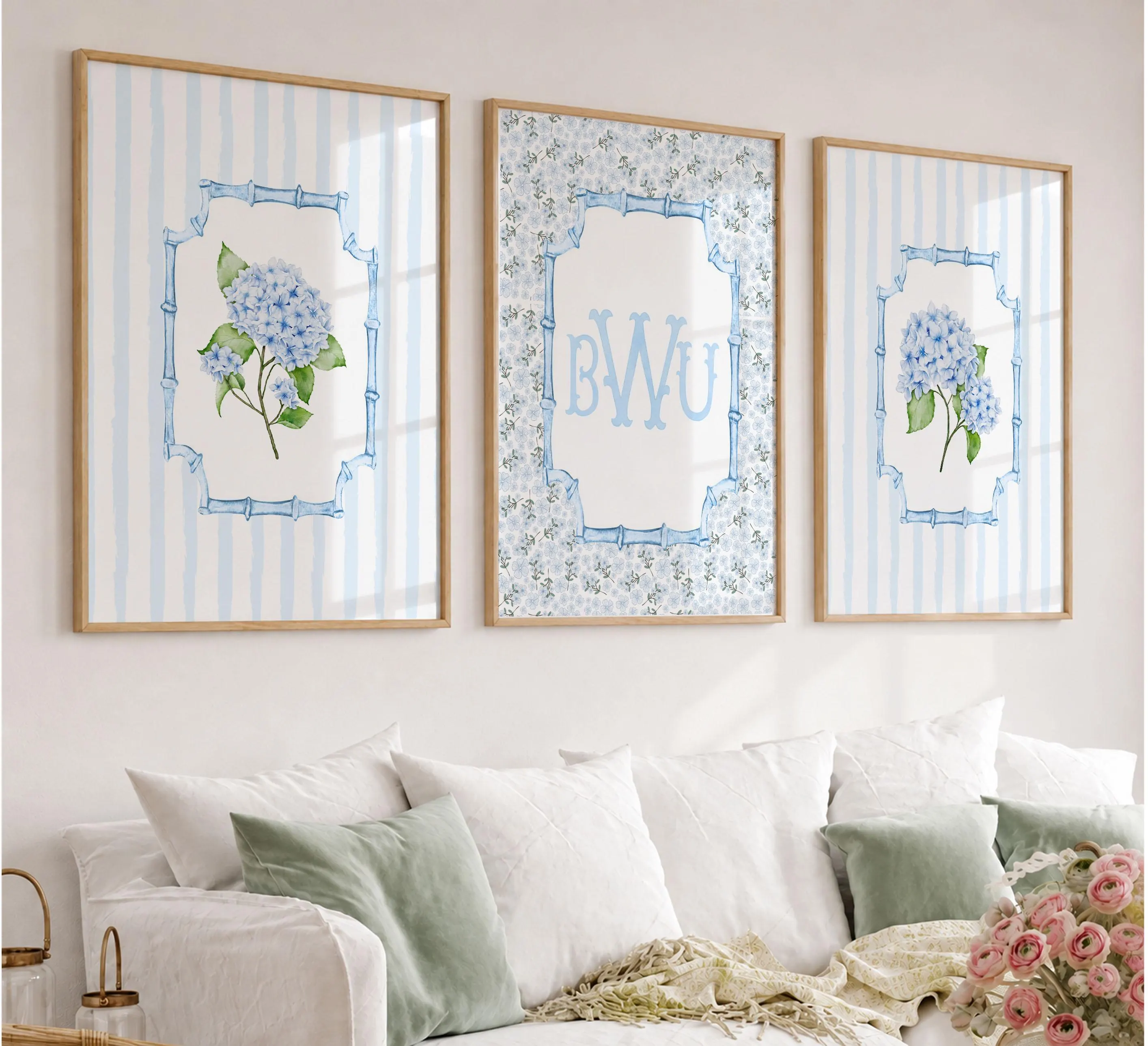 Personalized Blue Hydrangea Wall Art Set of 3, Custom Monogram Prints, Preppy Dorm Bedroom Decor
