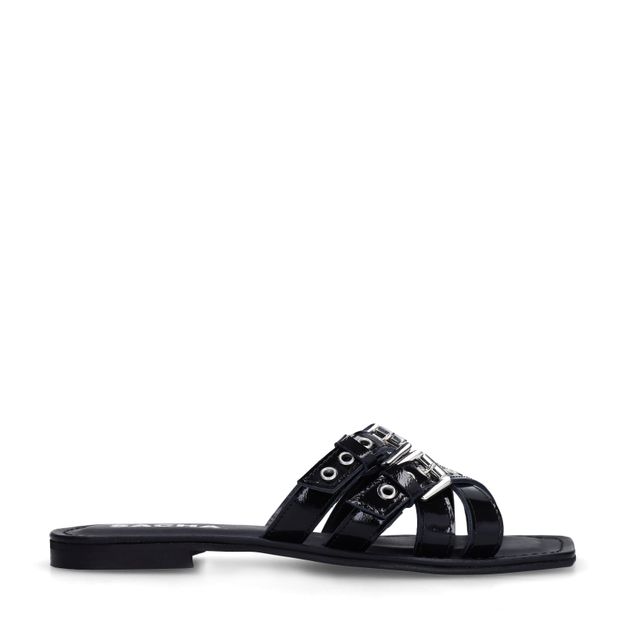 Zwarte leren buckle slippers