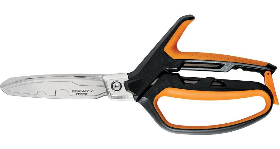 Fiskars PowerArc Heavy-Duty Stainless-Steel Easy-Action Scissors, 10-in, Black/Orange