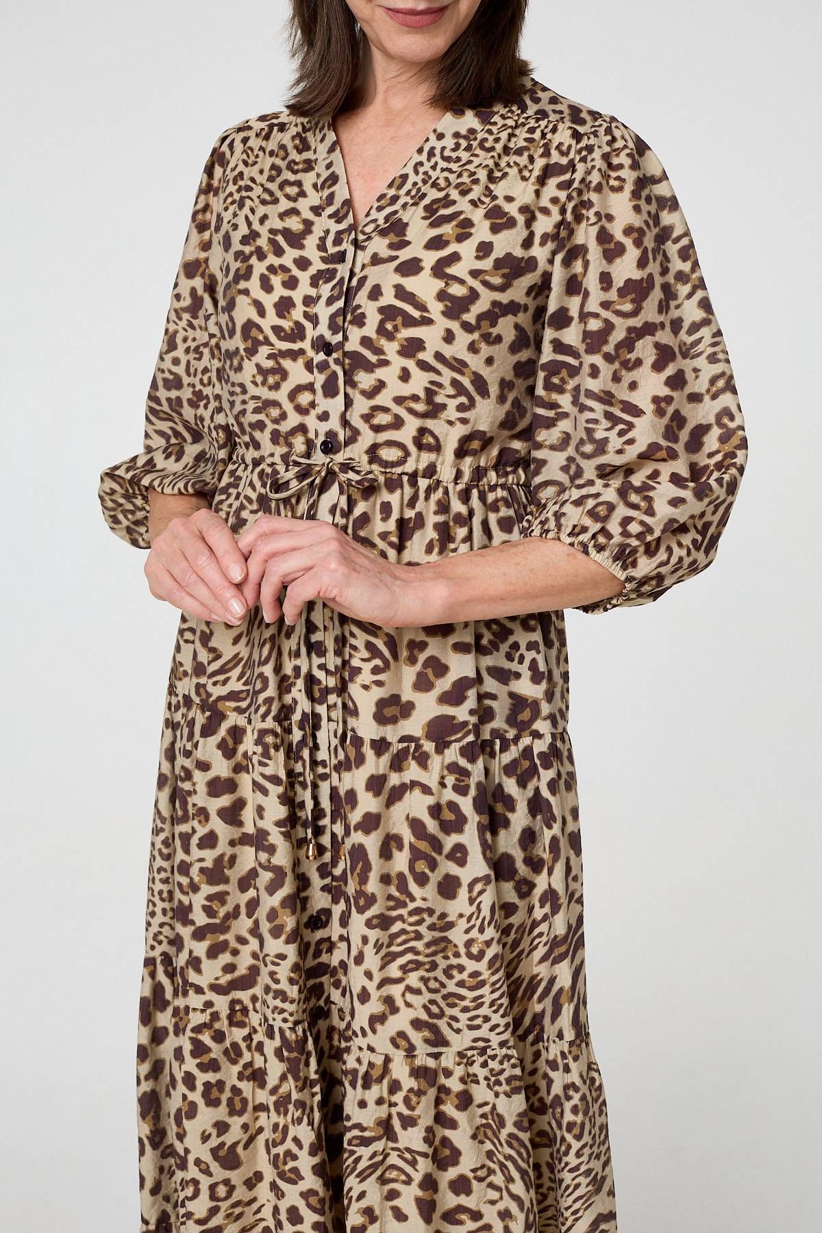 Izabel London Animal Print 3/4 Puff Sleeve Midi Dress
