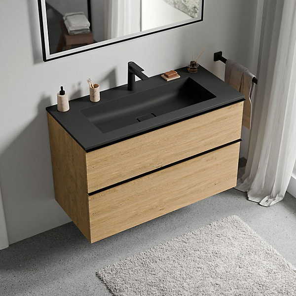 Meuble vasque suspendu MDF Chêne miel, lavabo fonte Noir mat   trou robinet, poignée Anthracite mat 80x46x62cm - LAVOA