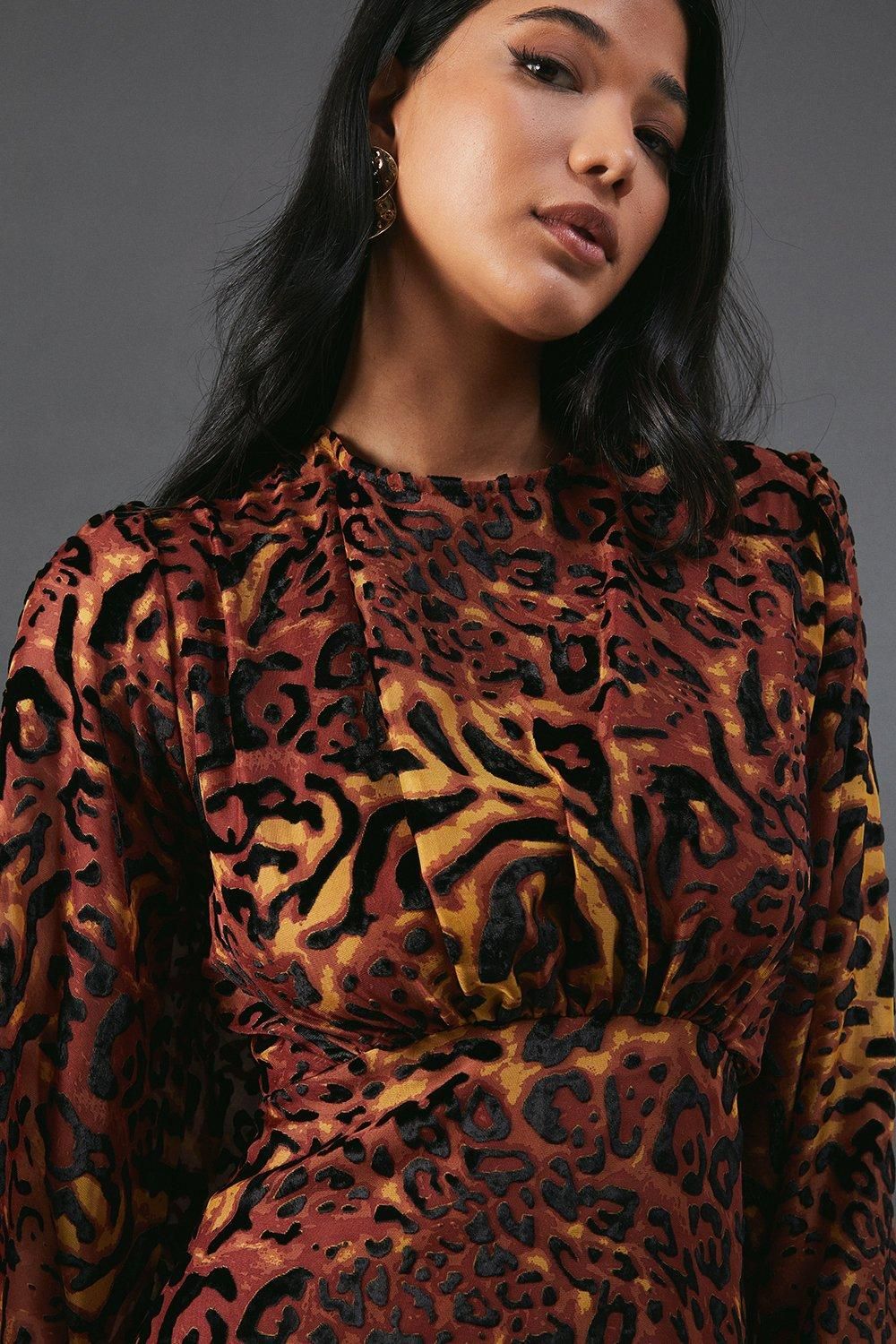 Warehouse Burnout Velvet Balloon Sleeve Empire Seam Midi Dress
