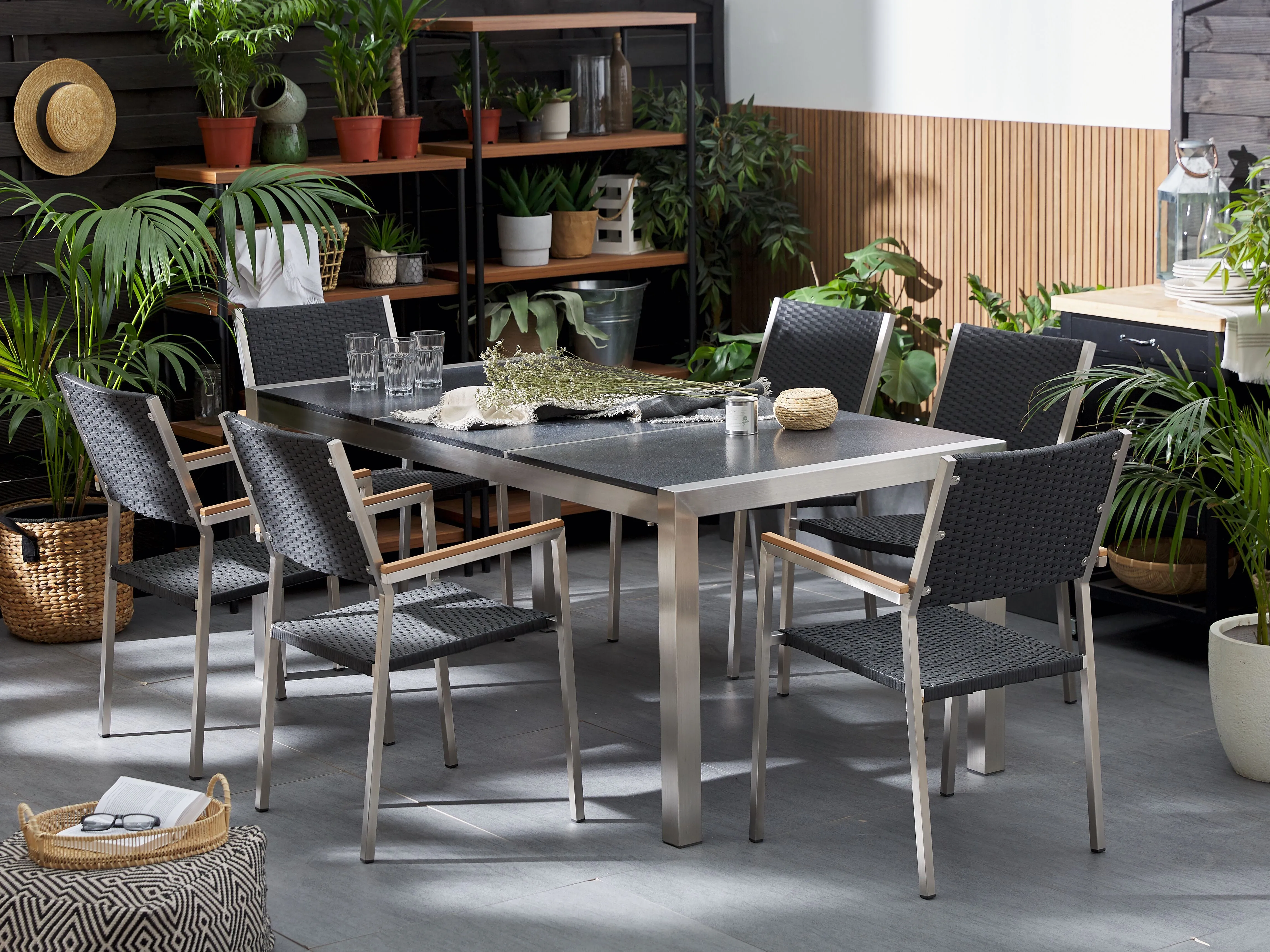 Garden Dining Set 6 Seater GROSSETO Triple Plate Basalt Flamed Black
