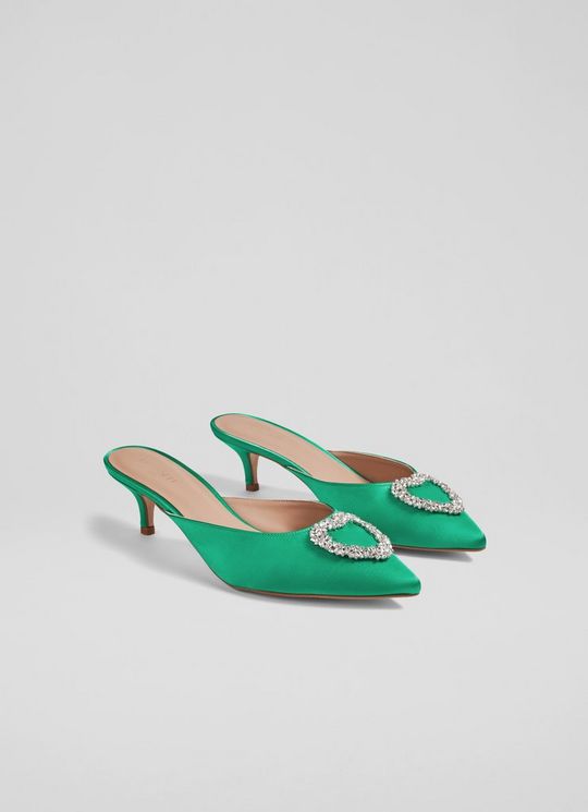 Estella Green Satin Heart Brooch Mules
