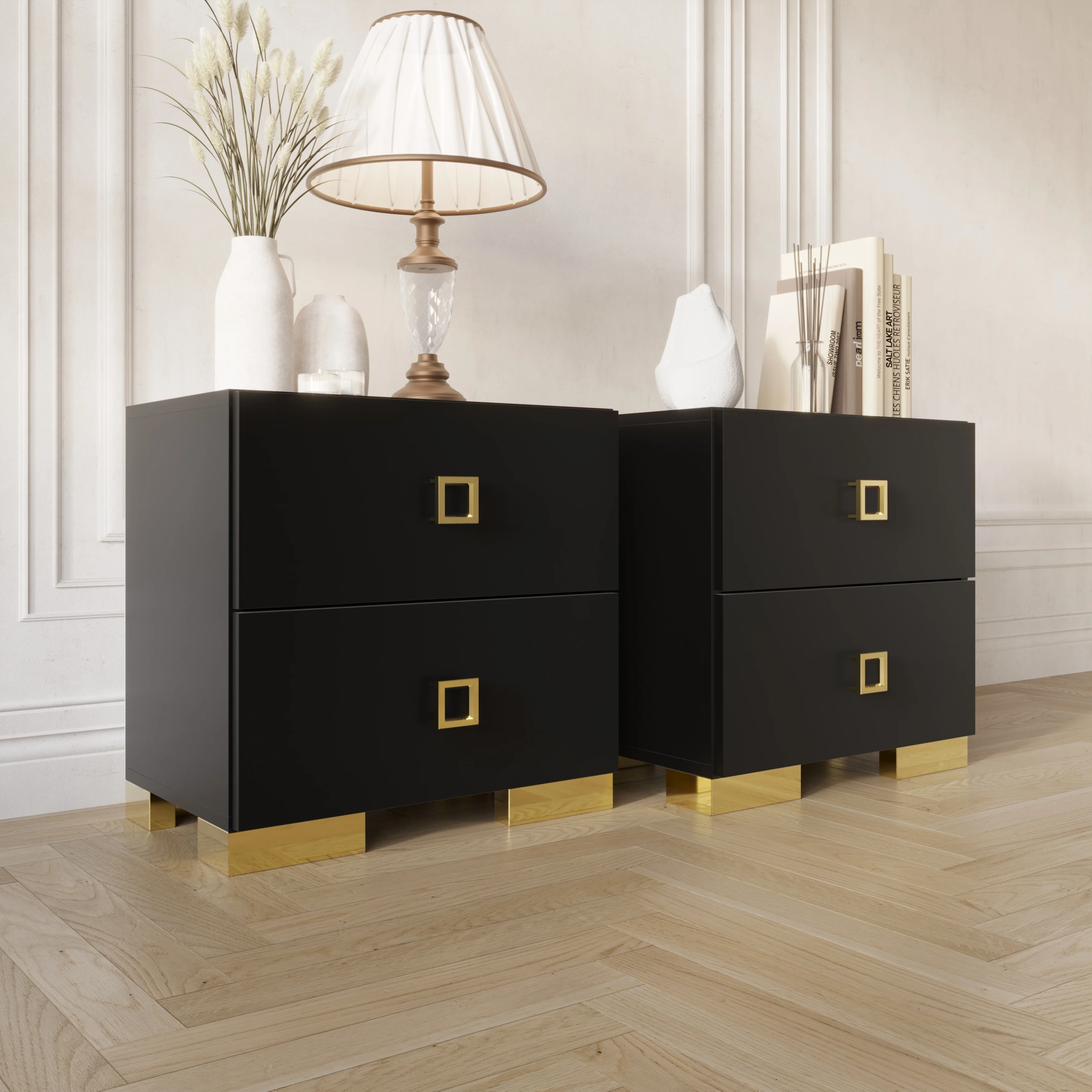CraftPorch Modern Gold Legs Storage 2-Drawer Nightstand (Set of 2)