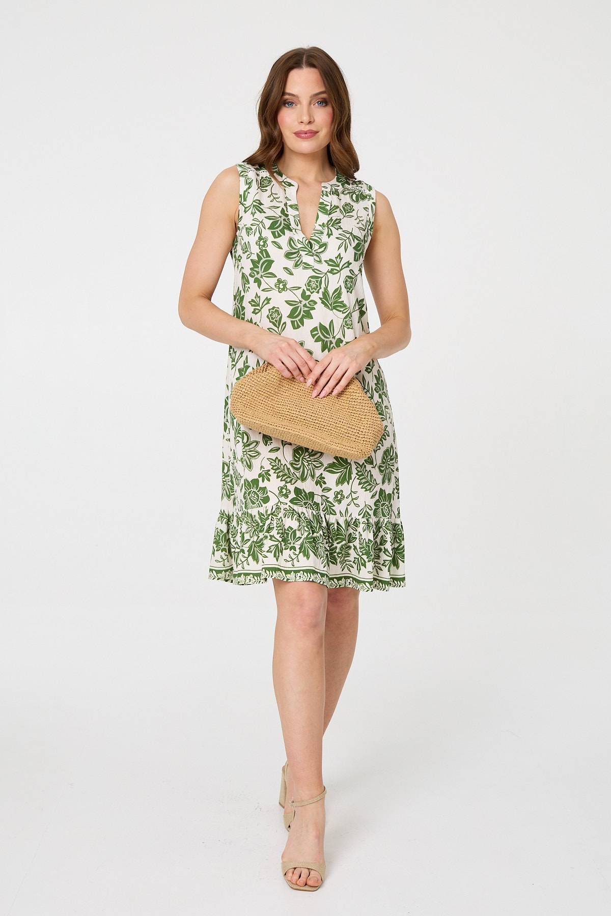 Izabel London Leaf Print Knee Length Sleeveless Dress