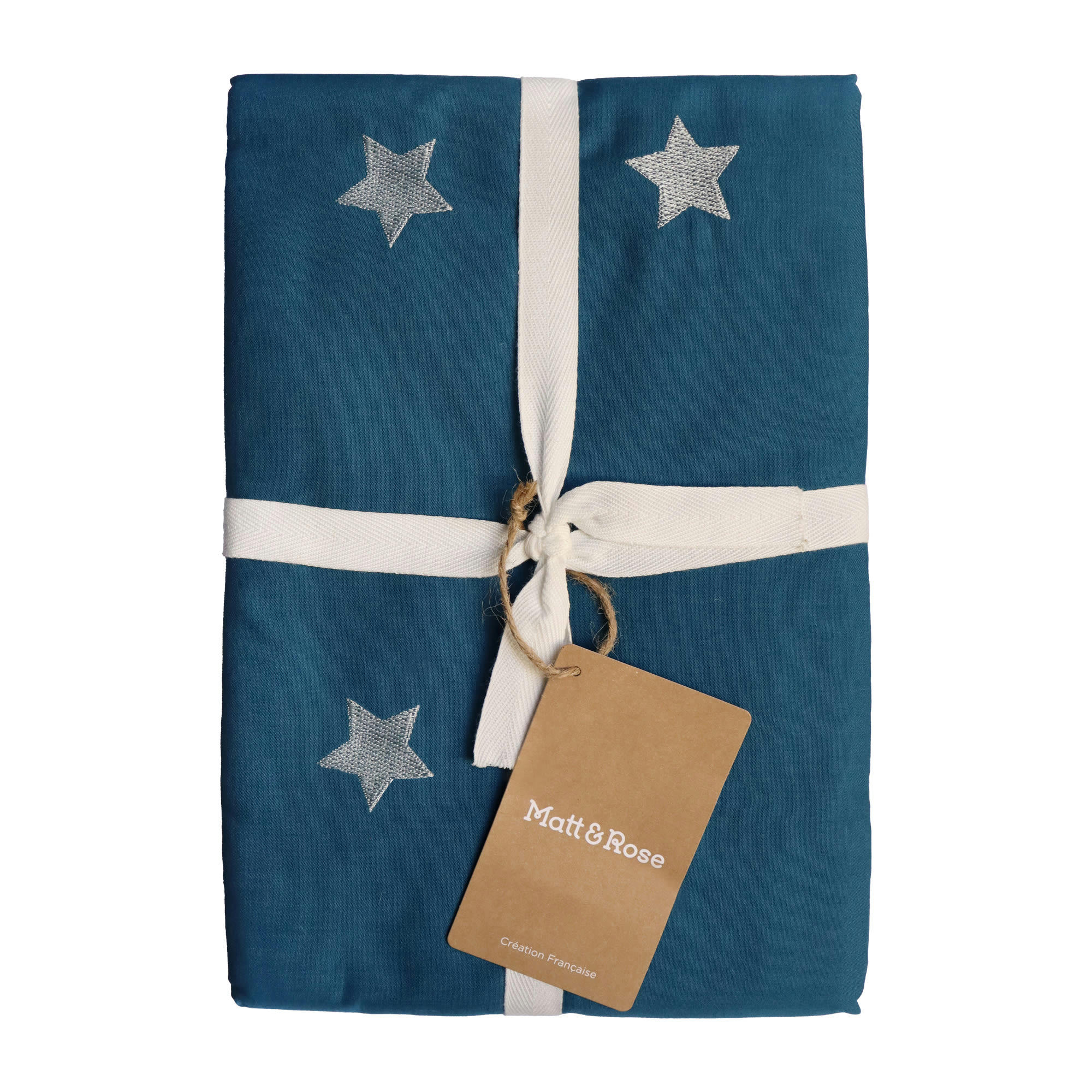 DOUCE NUIT - Parure de lit brodée en percale de coton BIO Bleu Paon 260x240 cm