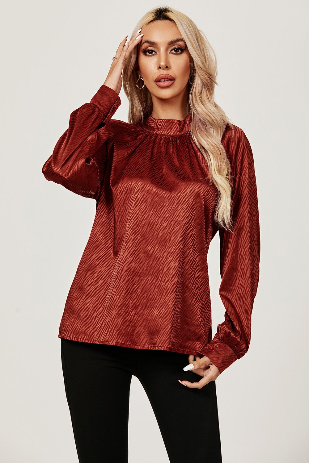 FS Collection High Neck Back Cut Detail Satin Blouse Top