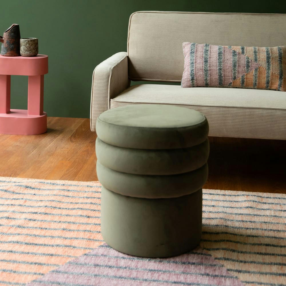 ADITI - Tabouret rond en velours D40cm vert kaki