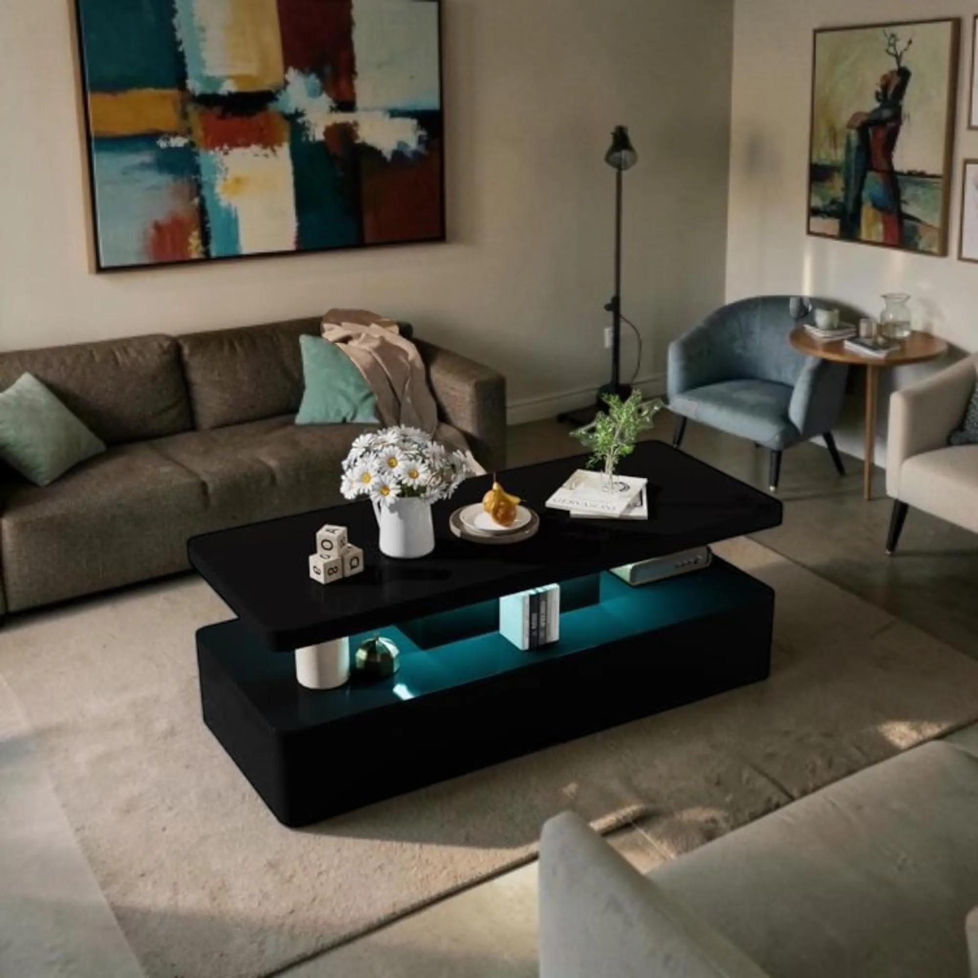 Modern LED Coffee Table with Double-Layer Storage, Black