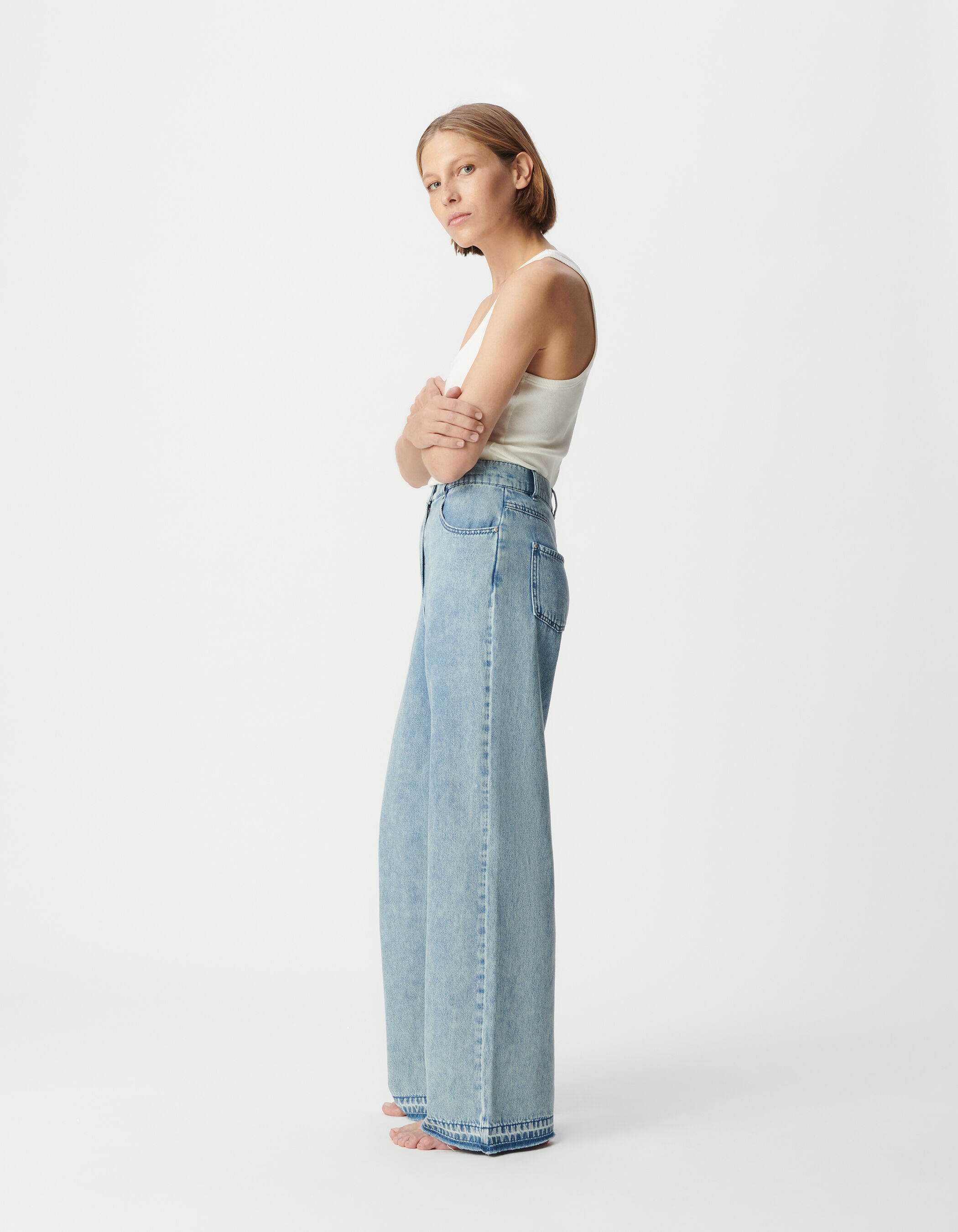 Jean large bleu clair taille haute à bords francs Femme