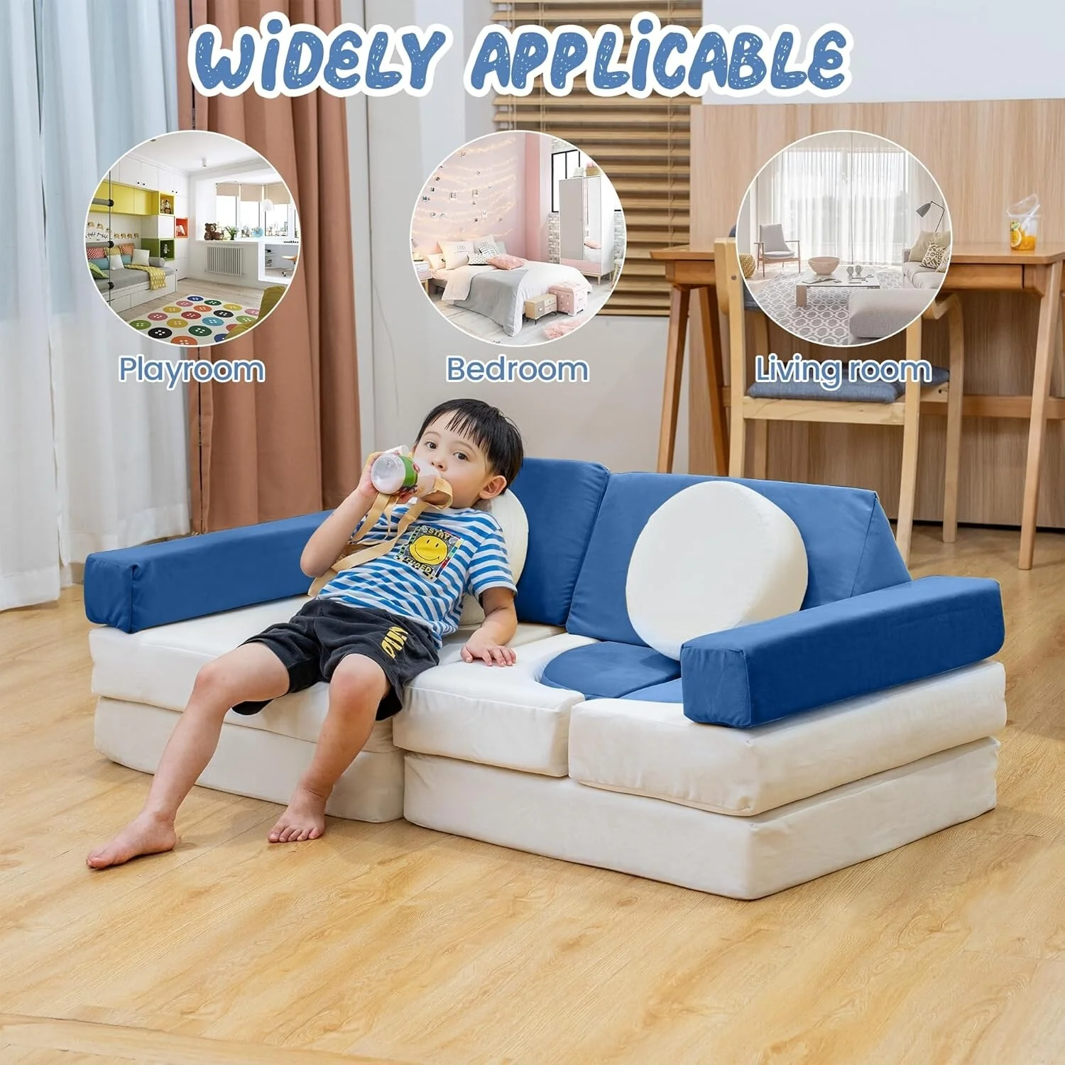 Mieres Modular Play Couch, Detachable Floor Sofa for Living Room, Convertible Creativing Playroom Furniture with Throw Pillow