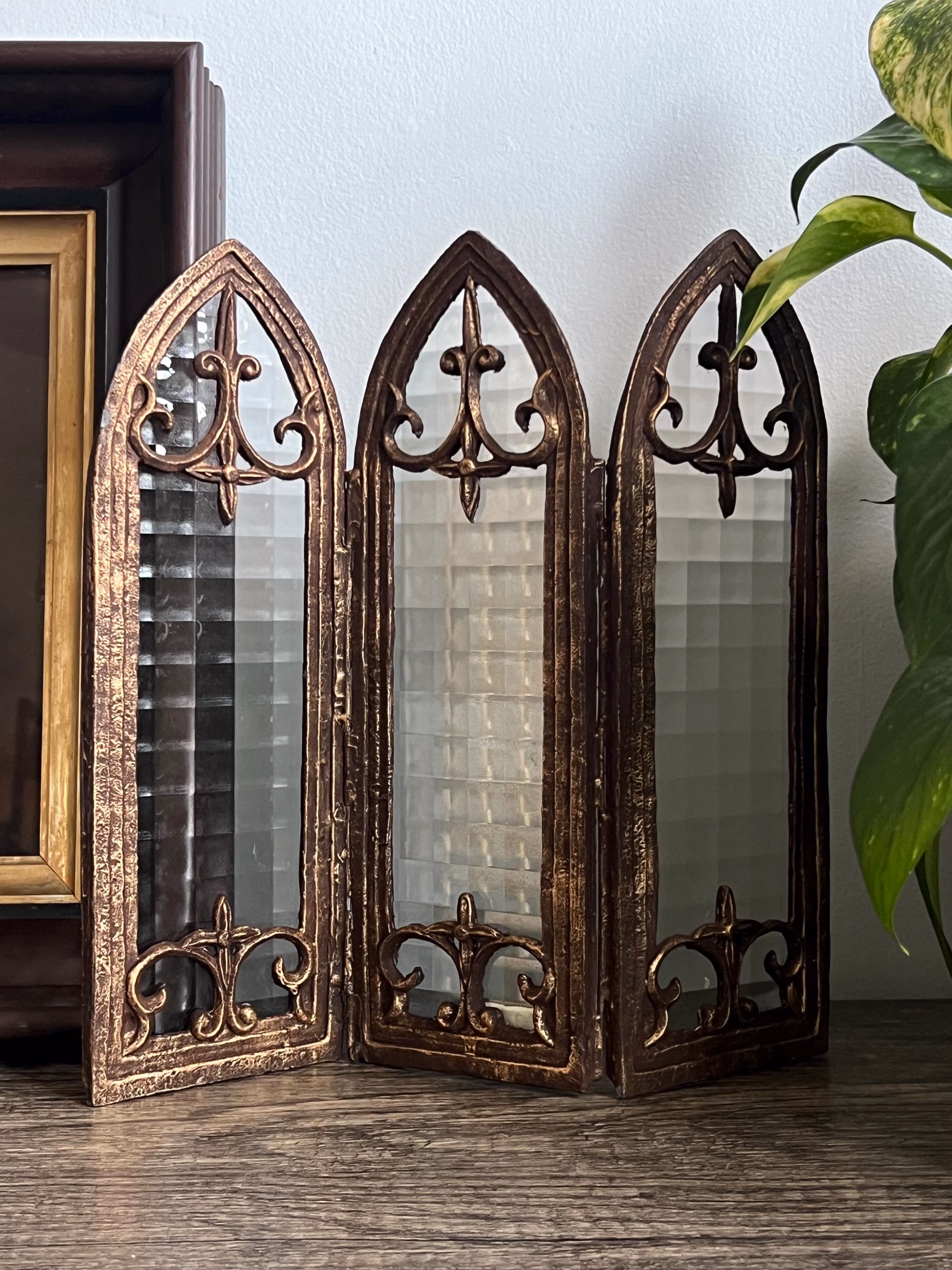Rare Mini Vintage Wrought Iron and Glass Three Panel Cathedral Shaped Folding Screen | Gothic Style | ShopEleanorLouise