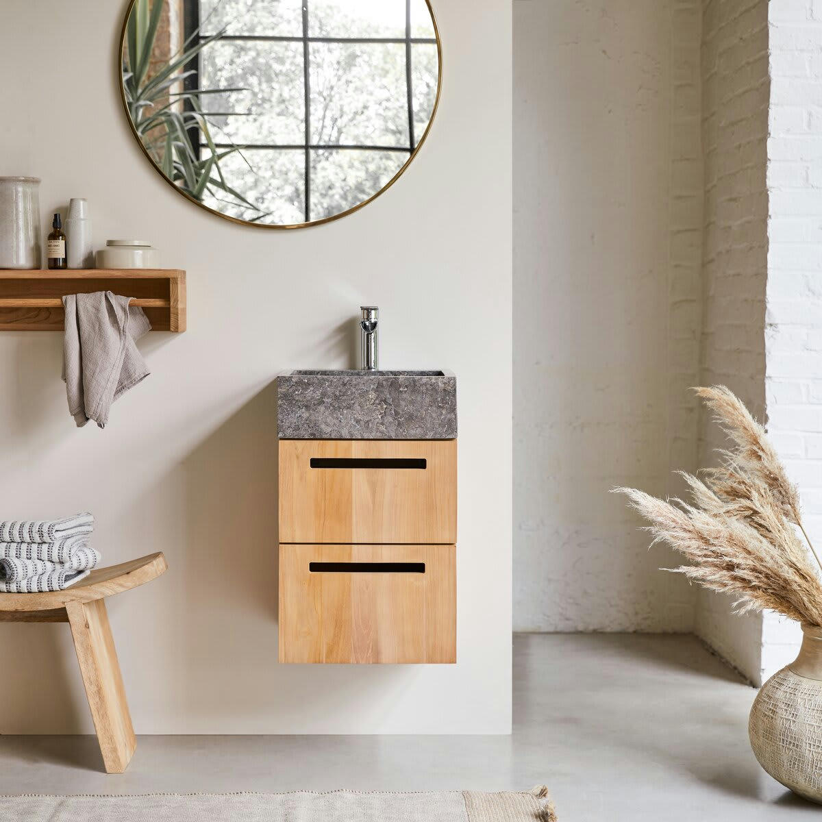 LINE - Meuble salle de bain en teck massif et marbre 40 cm