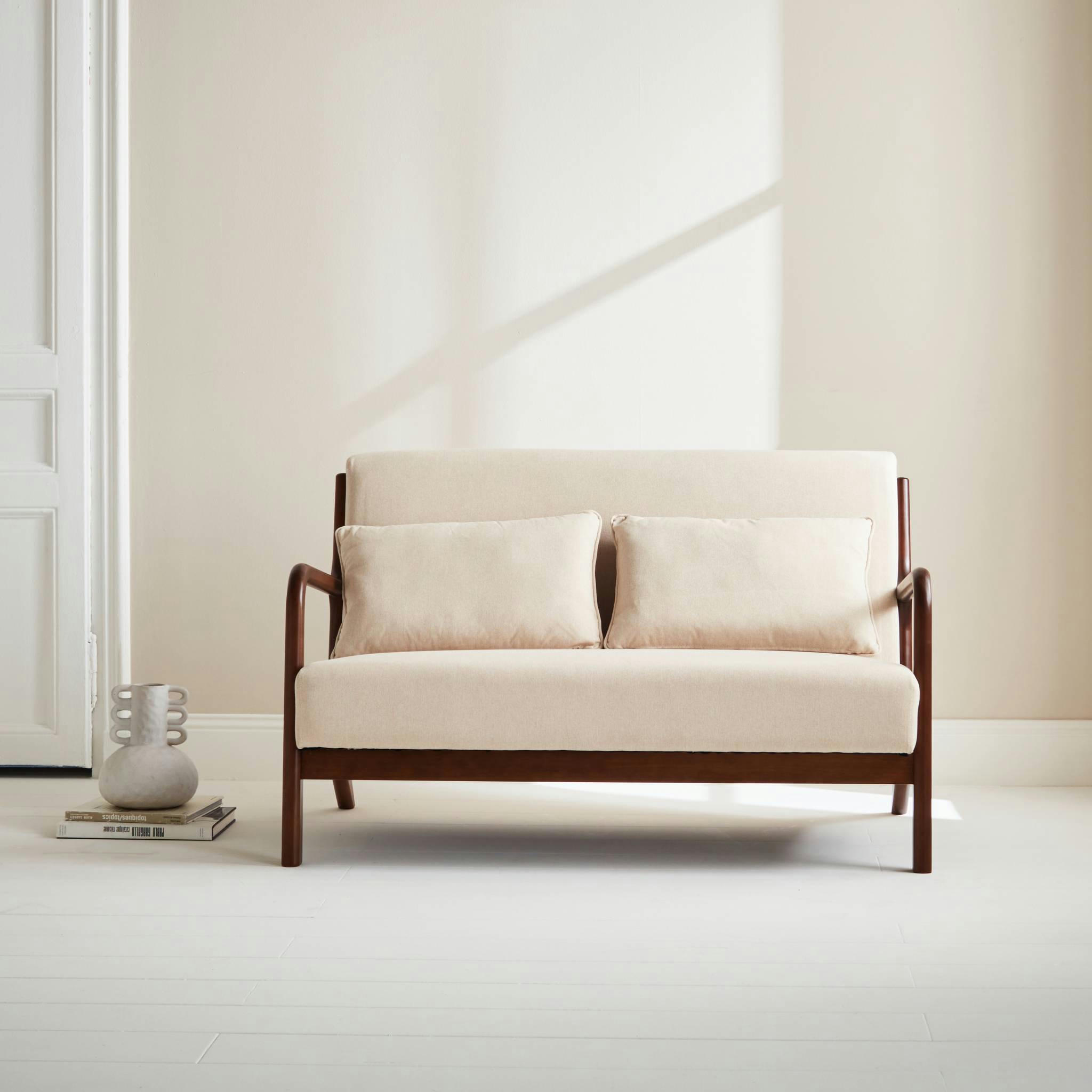 LORENS - Banquette 2 places tissu beige, pieds bois d'hévéa