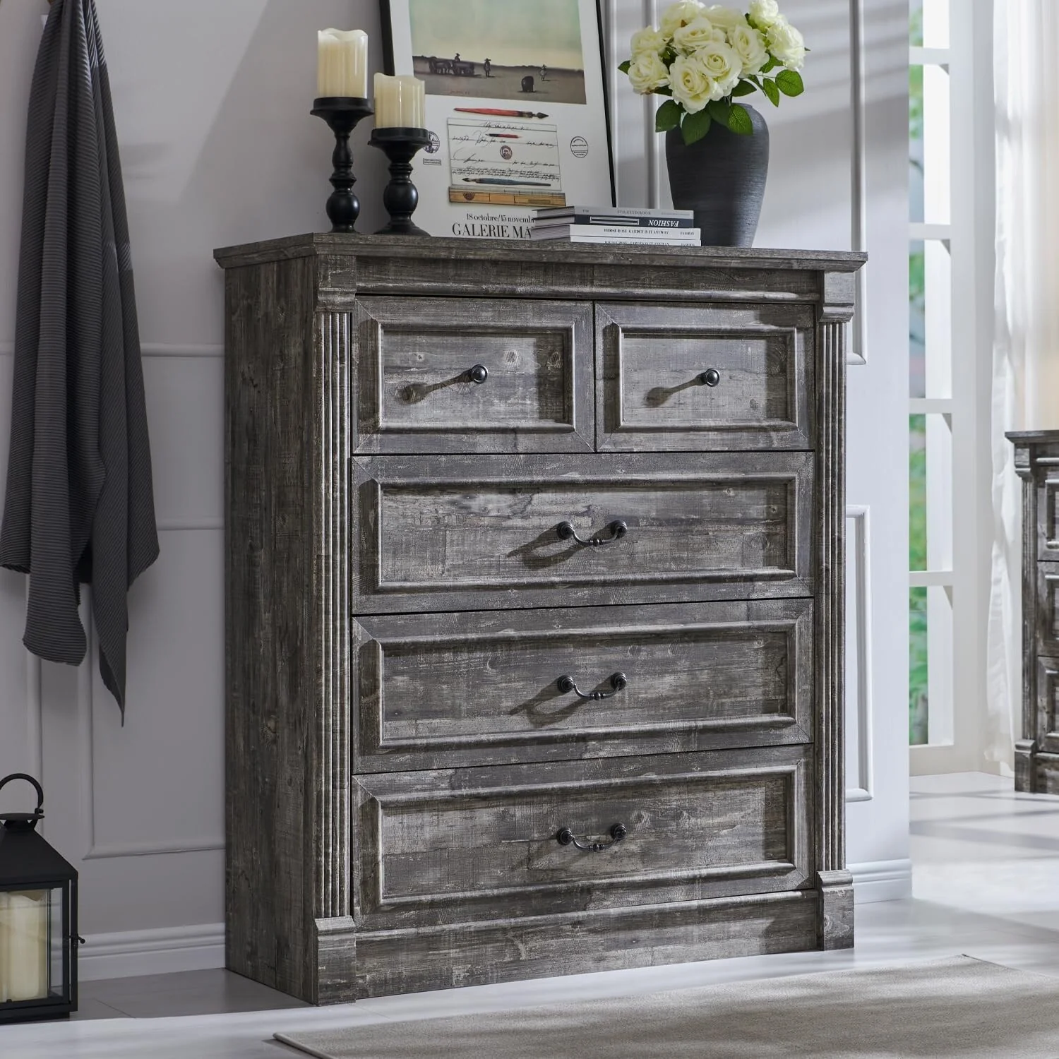Farmhouse 5-Drawer Dresser - 46 Tall Chest with Roman Columns for Bedroom Storage in Hallway & Living Room