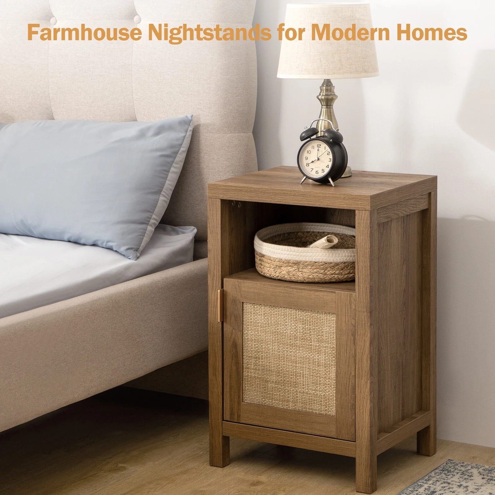 SICOTAS Farmhouse Rattan Tall Nightstand with Storage Cabinet