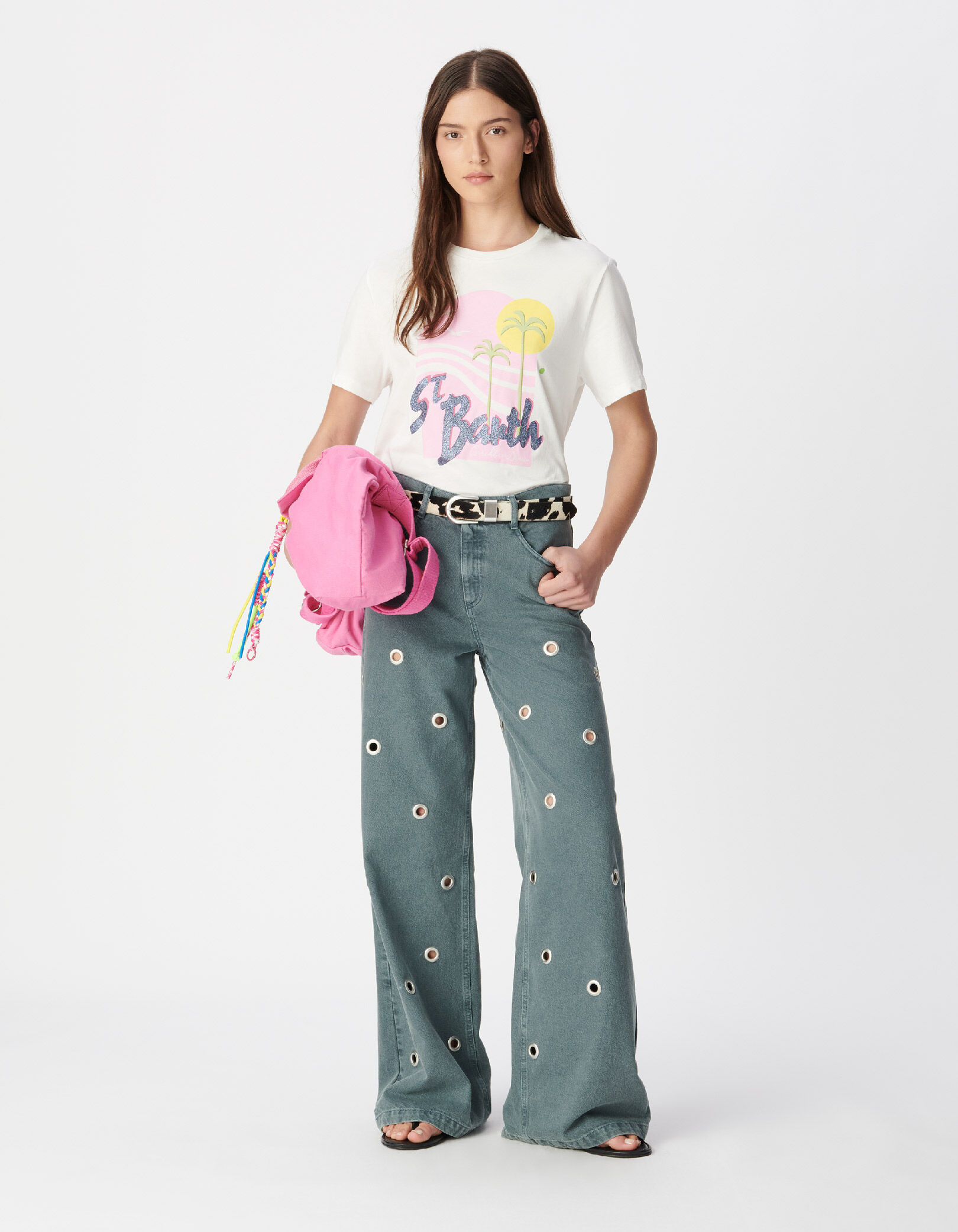 Tee-shirt blanc coton bio visuel palmiers et soleil Femme