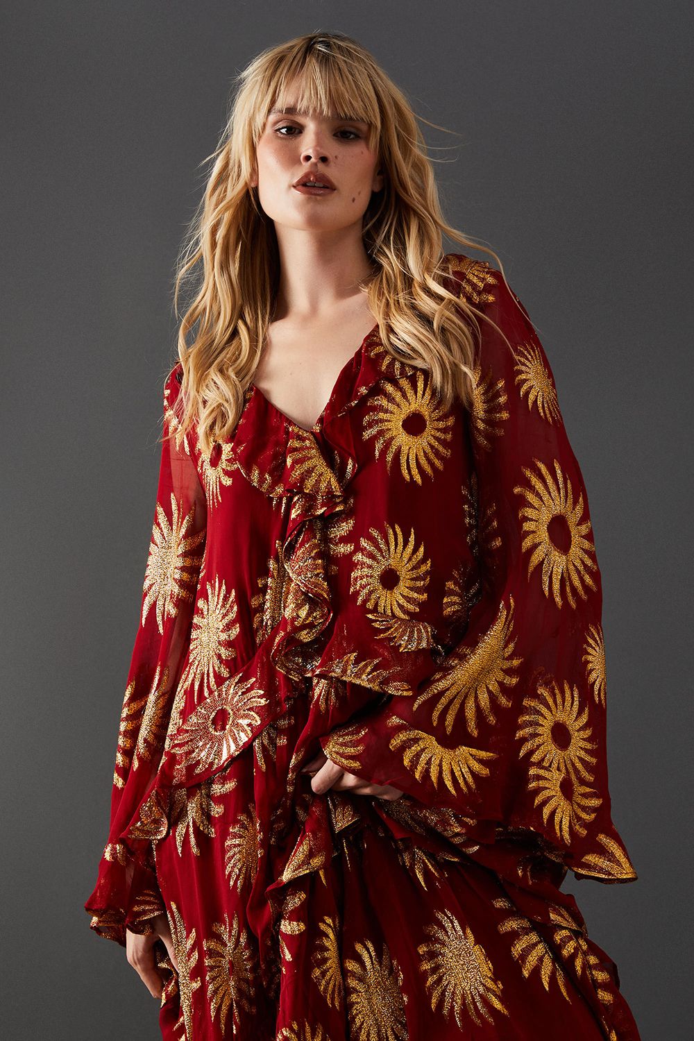 Warehouse Sun Metallic Jacquard Frill Front Smock Midi Dress