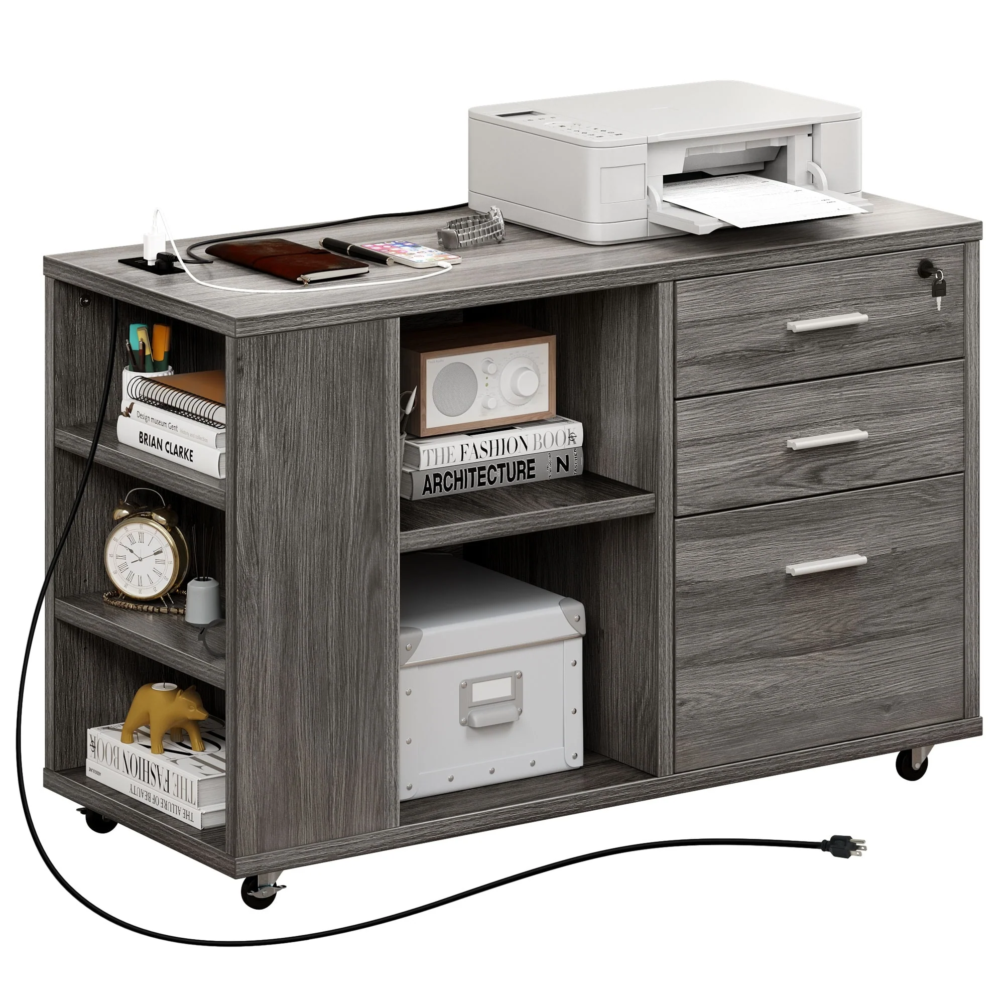 Wood File Cabinet with Charging Station Mobile Lateral Filing Cabinet Lockable Fits A4 Letter Legal Size Files