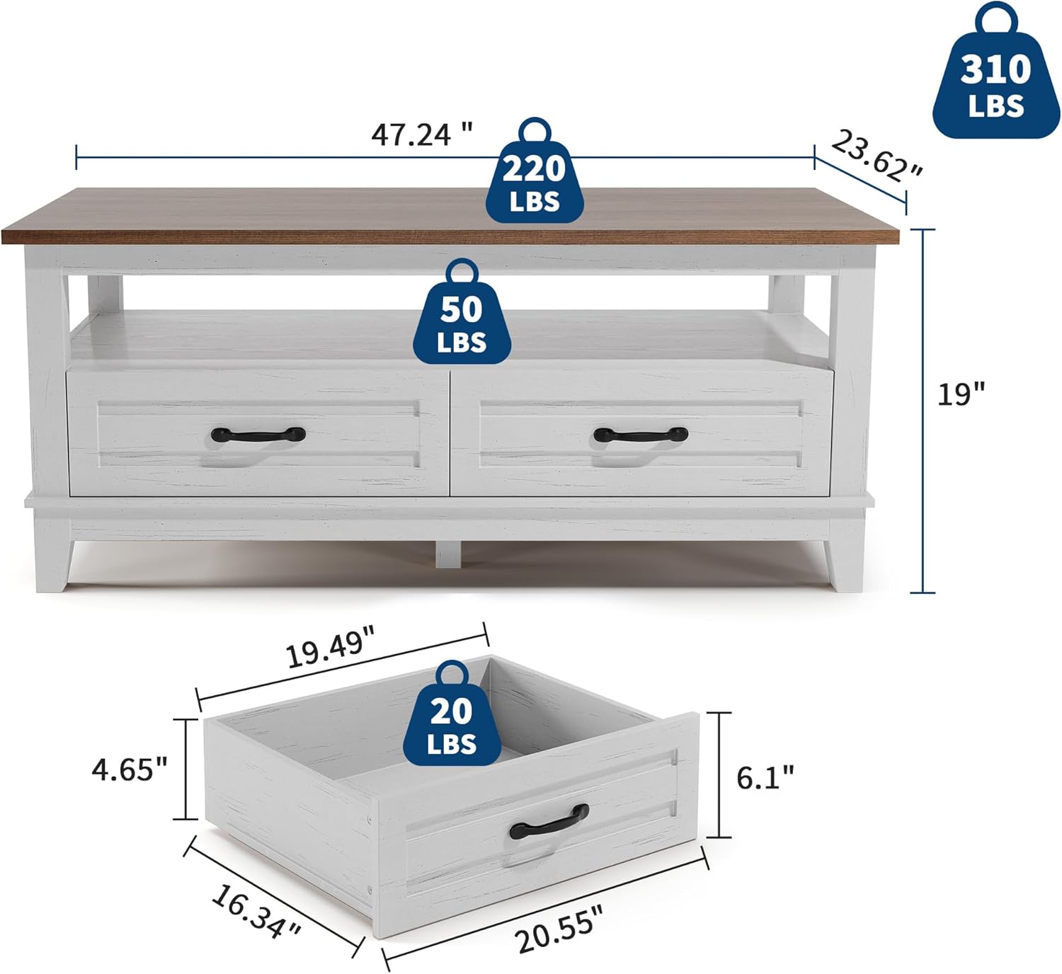 GarveeHome Farmhouse Coffee Table with Drawers, 47.2 in Center Table Rustic Coffee Tables White Brown Living Room Table, with Open Shelf and 6 Support Legs