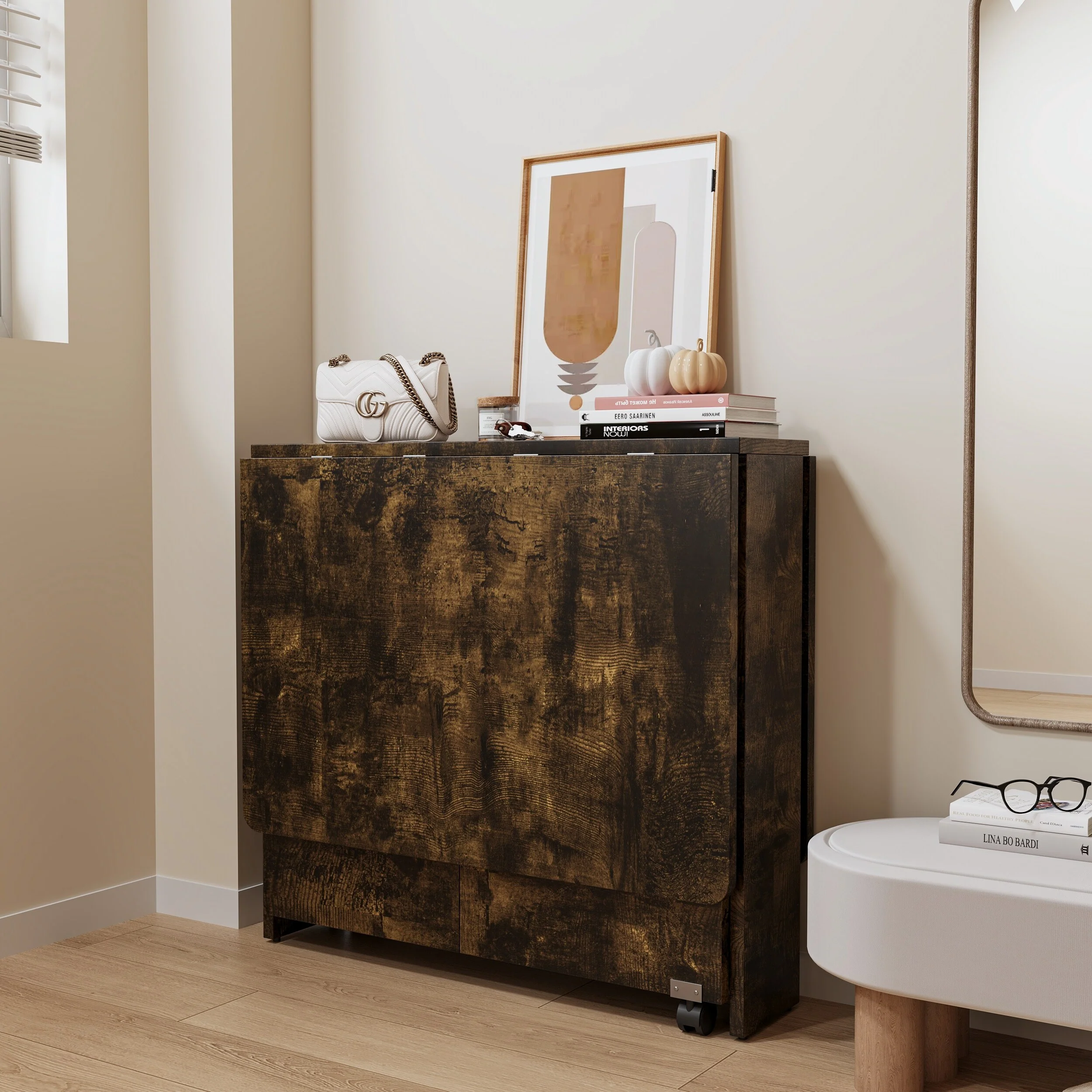 Modern Farmhouse Folding Table with TriFold Mechanism and Locking Casters for Be Used for Compact Homes