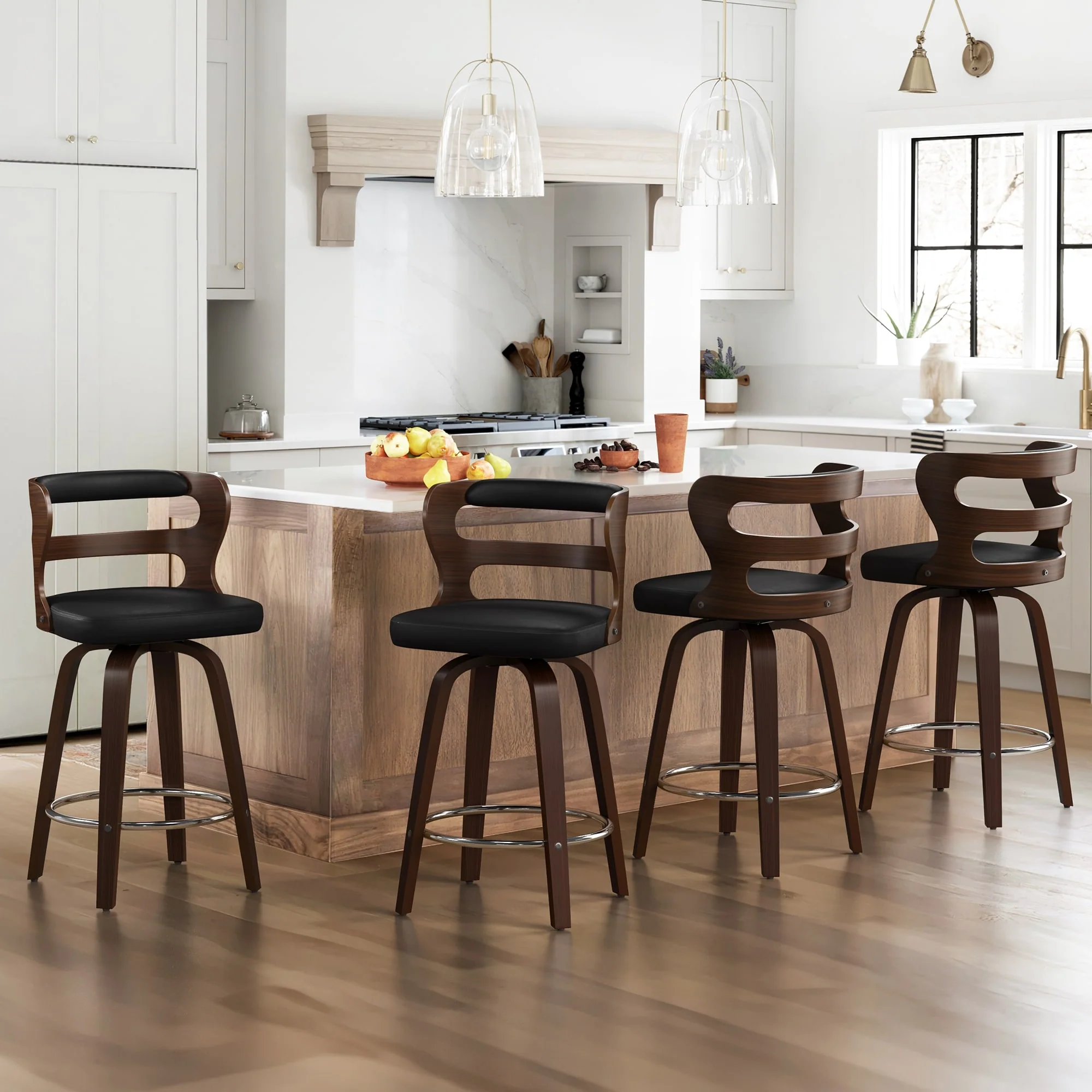 LUE BONA 26H Modern Walnut Swivel Counter Height Stool, Bar Stools with Back Set of 4 - 26 H