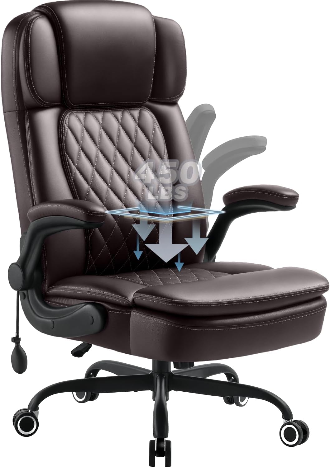 450LBS Big and Tall Executive Office Chair with Flip up Arm,Heavy Duty PU Leather Computer Desk Chair,Comfortable High Back Swivel Home Office Chair with Rolling for Adults,Spring Cushion,Metal Base
