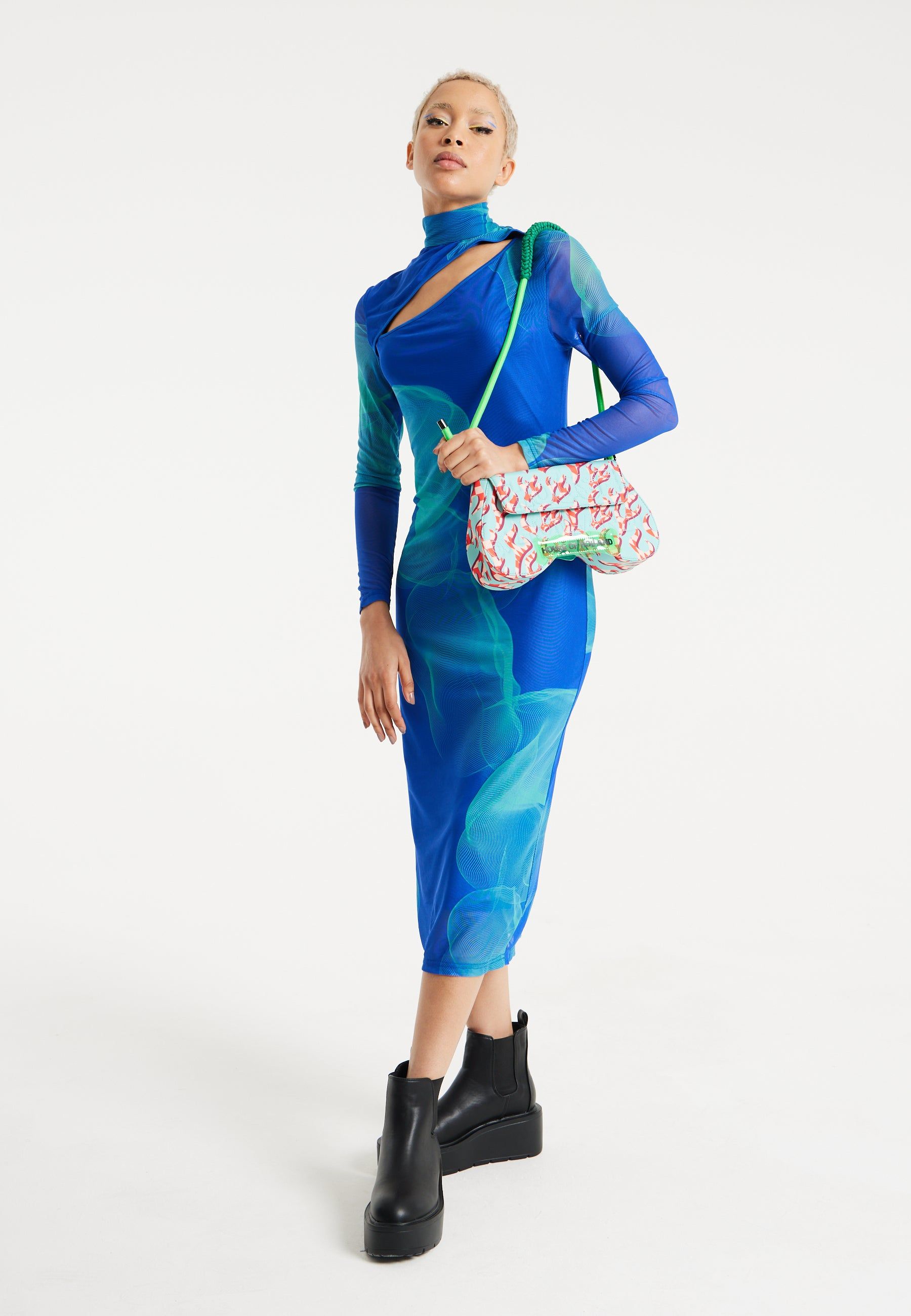 House of Holland Saddle Blue And Pink Flame Bag And Quilted Logo