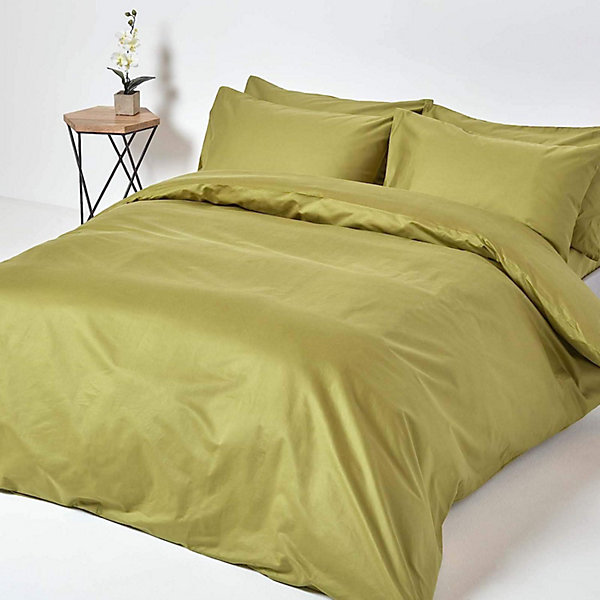 Drap plat en satin de coton égyptien 1000 fils vert olive, 270x300 cm - HOMESCAPES