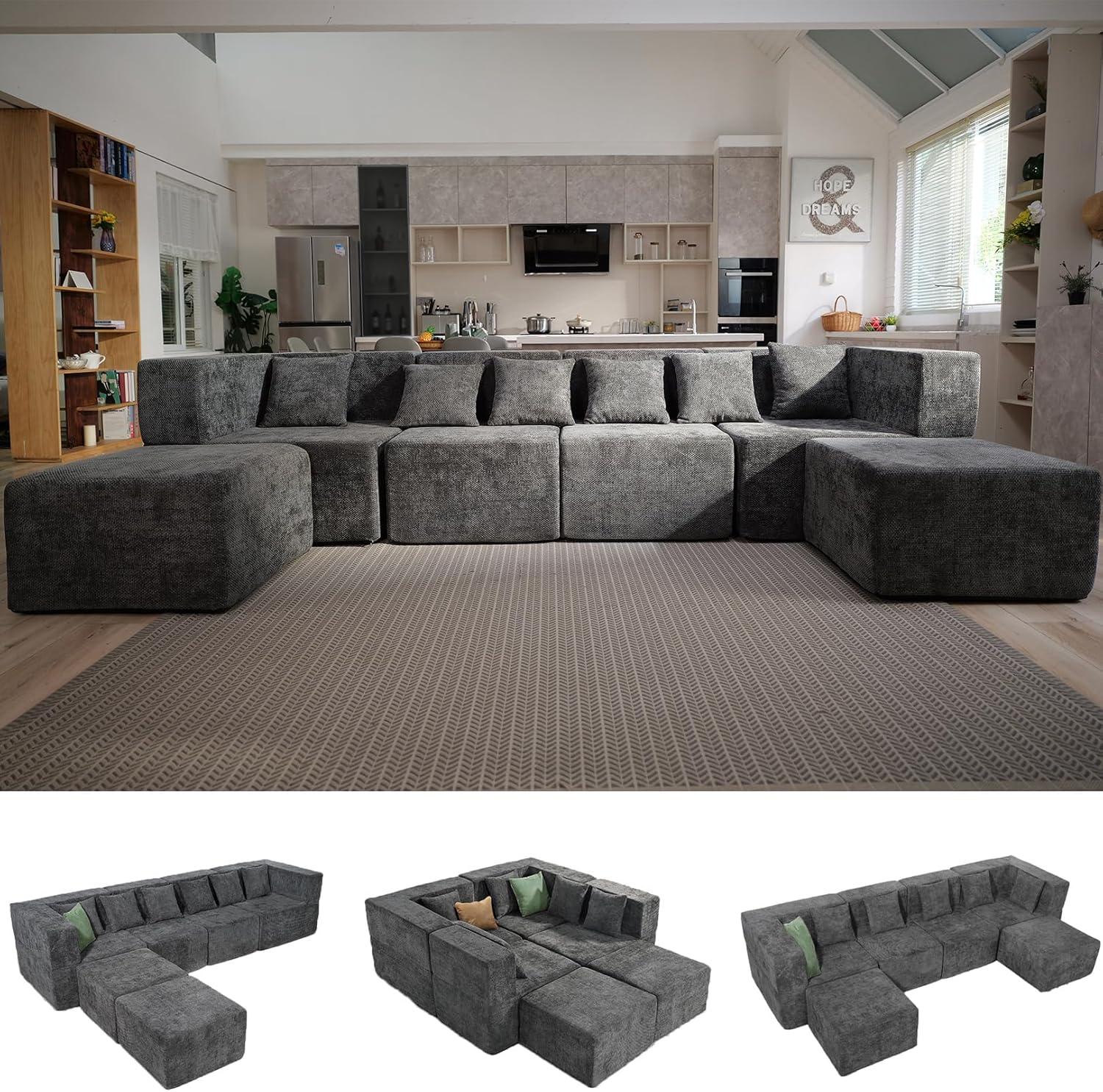 Modular Sectional Cloud Couch for Living Room - 130'' 6 Seater Convertible Chenille Couches Set with Ottoman, No Assembly Compression Sofas, Comfy Floor Sofa with Memory Foam, Dark Grey