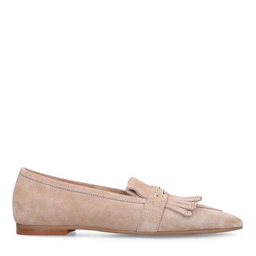 Manfield Beige suède loafers met gouden studs