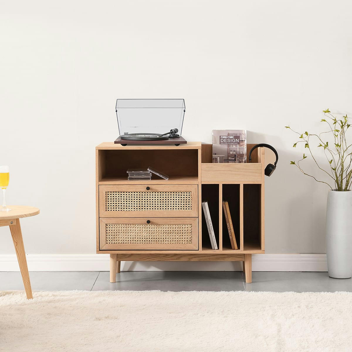 EDEN - Meuble range vinyles 2 tiroirs en bois et cannage naturel 90 cm