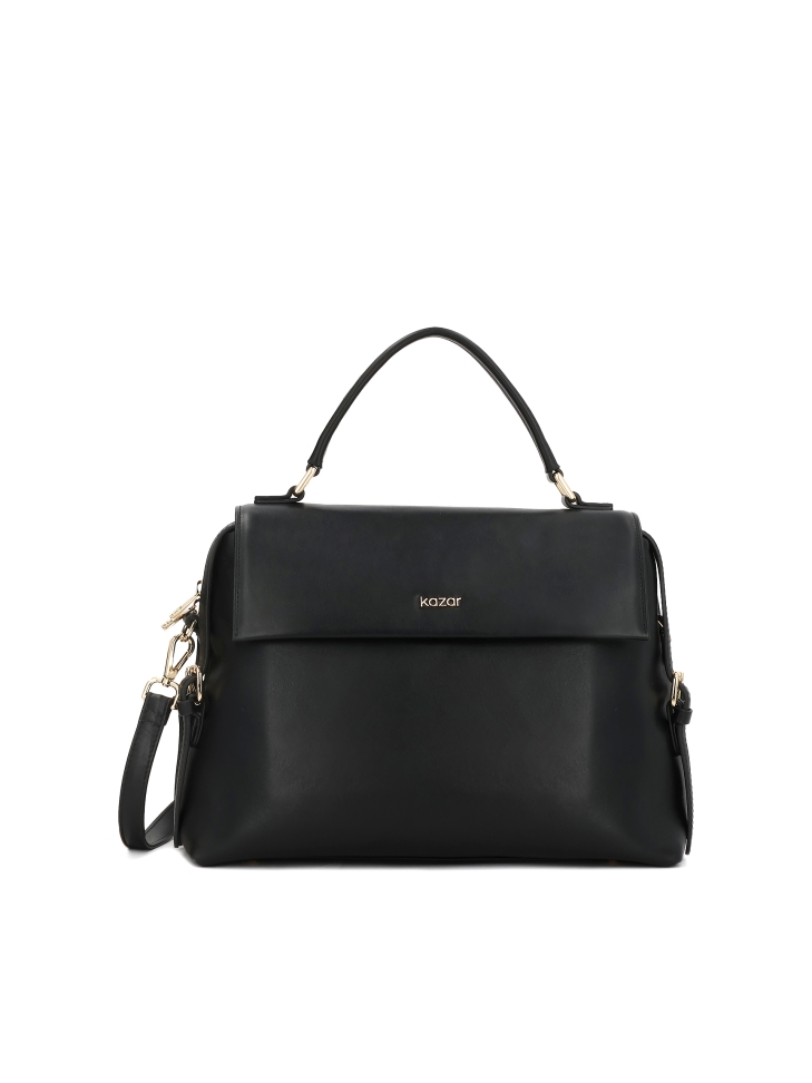 Trapeze black handbag with flap and handgrip