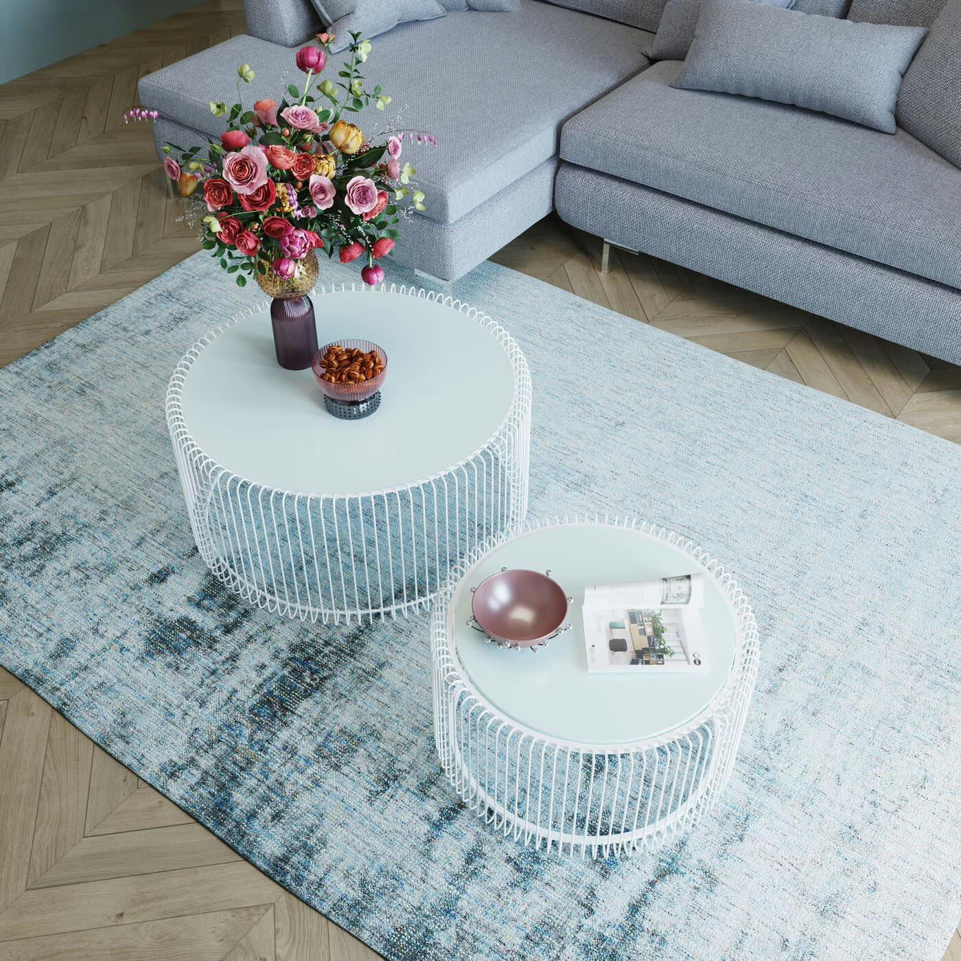 WIRE - 2 tables basses rondes en acier blanc et verre