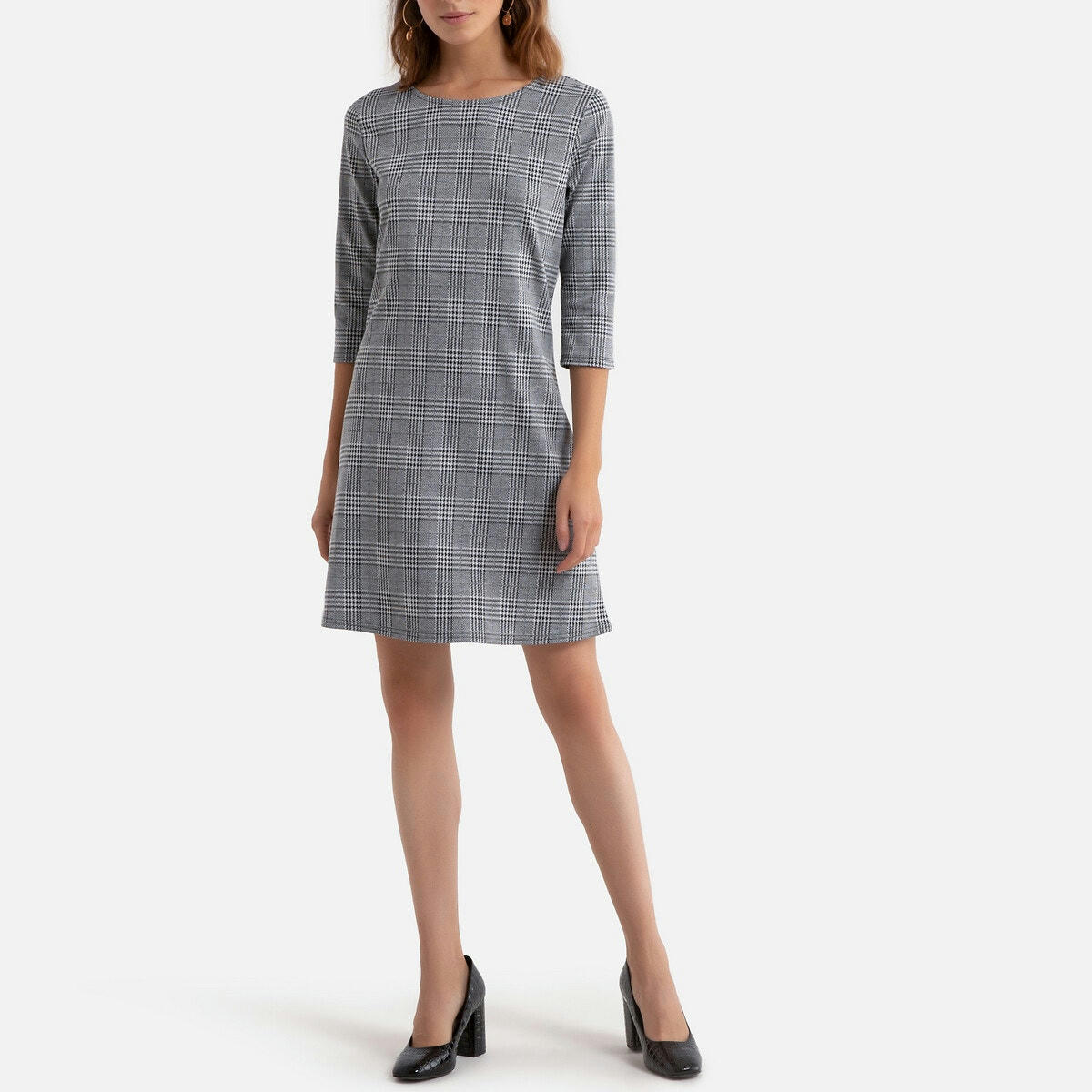 Robe courte à carreaux, manches 3/4
