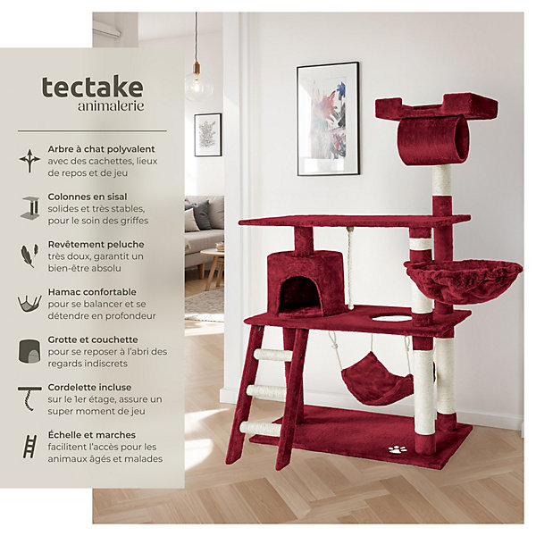 Arbre à chat panneau de fibres griffoir sisal 141cm rouge bordeaux