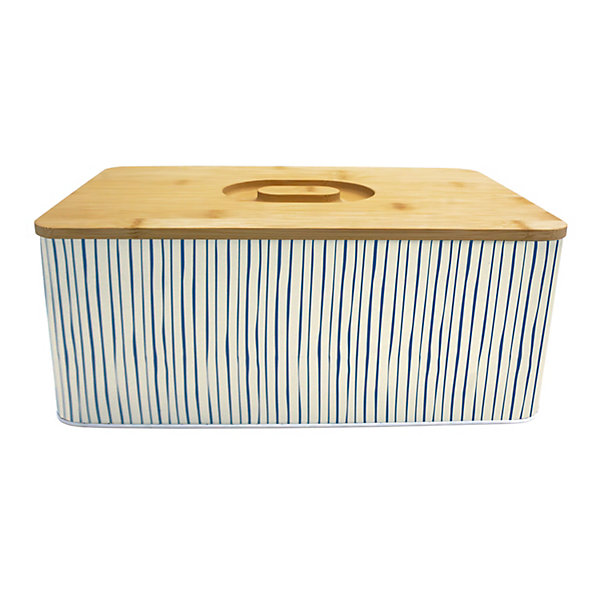 Boîte à pain rayée écru et bleu avec couvercle en bambou Box &Beyond