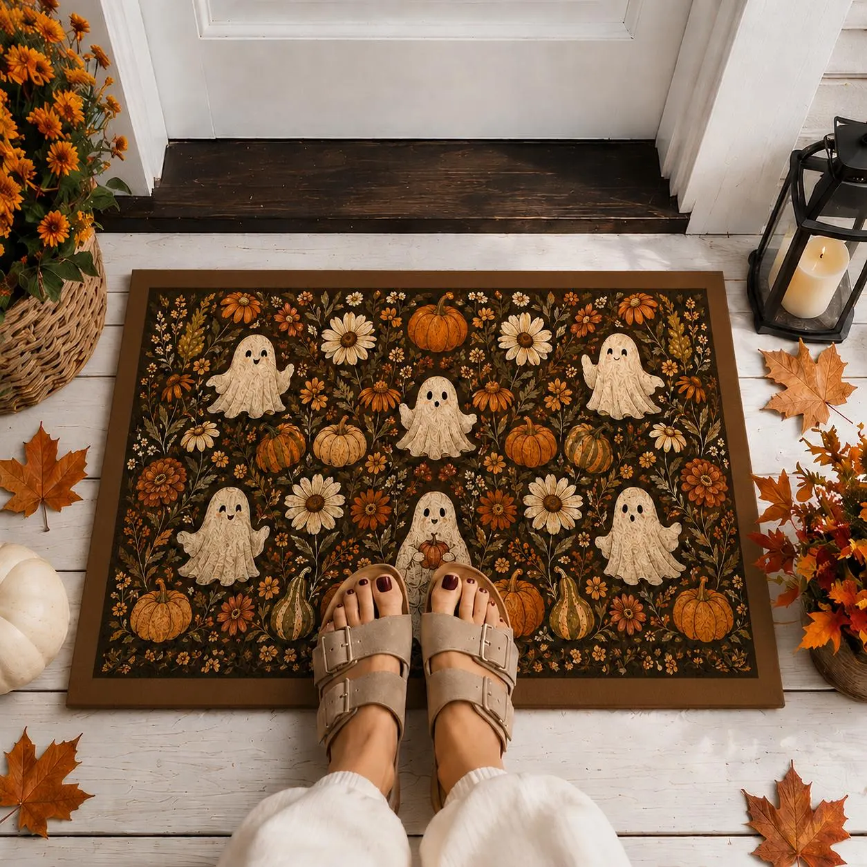 Halloween Ghost Doormat, Spooky Fall Front Door Mat, Pumpkin Floral Outdoor Rug, Cute Halloween Porch Decor, Autumn Welcome Mat