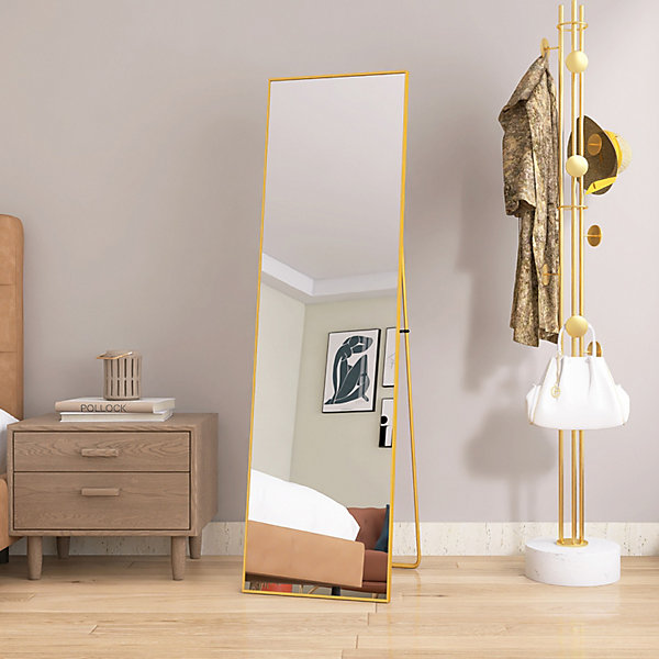 Miroir sur Pied 140x40 cm, Cadre Aluminium Doré, Miroir Mural Moderne à Poser ou Suspendre
