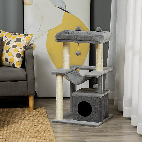 Arbre à chat H.90cm - griffoirs, plateforme d'observation, niche, hamac, boules suspendues - gris